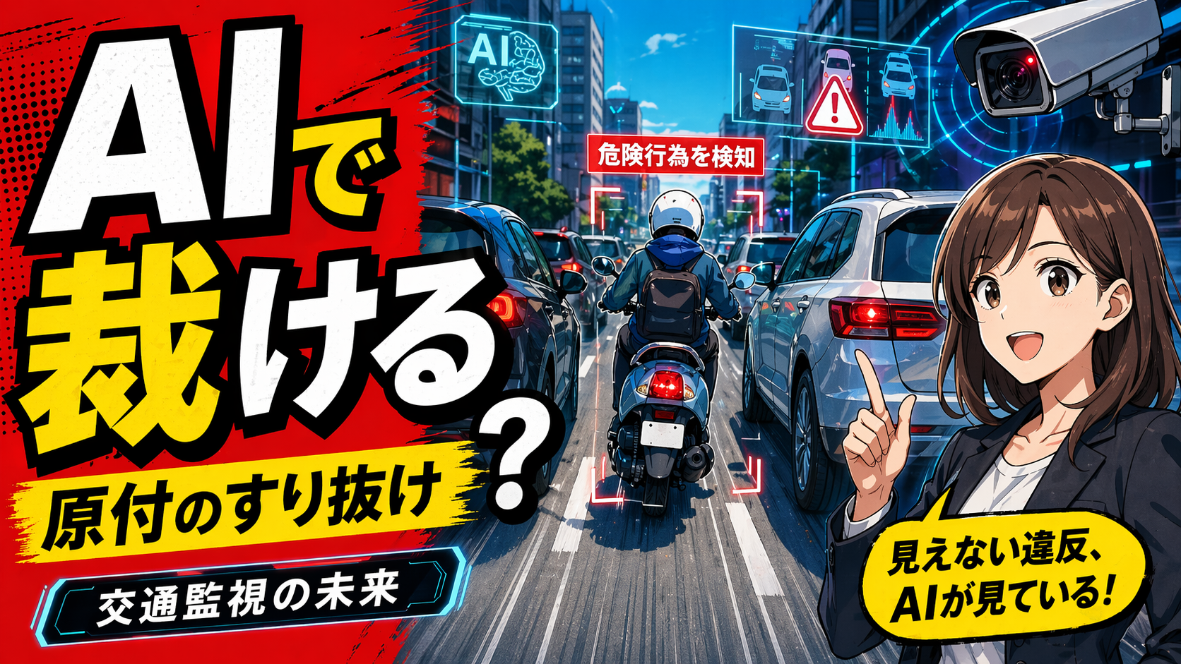 AIが原付のすり抜けを監視する未来を表現したサムネイル。渋滞した道路の車列の間を走る原付と、危険行為を検知するAIカメラや監視UI、右側に解説役の女性イラストを配置し、「AIで裁ける？」「原付のすり抜け」「交通監視の未来」などの大きな日本語文字が入っている。