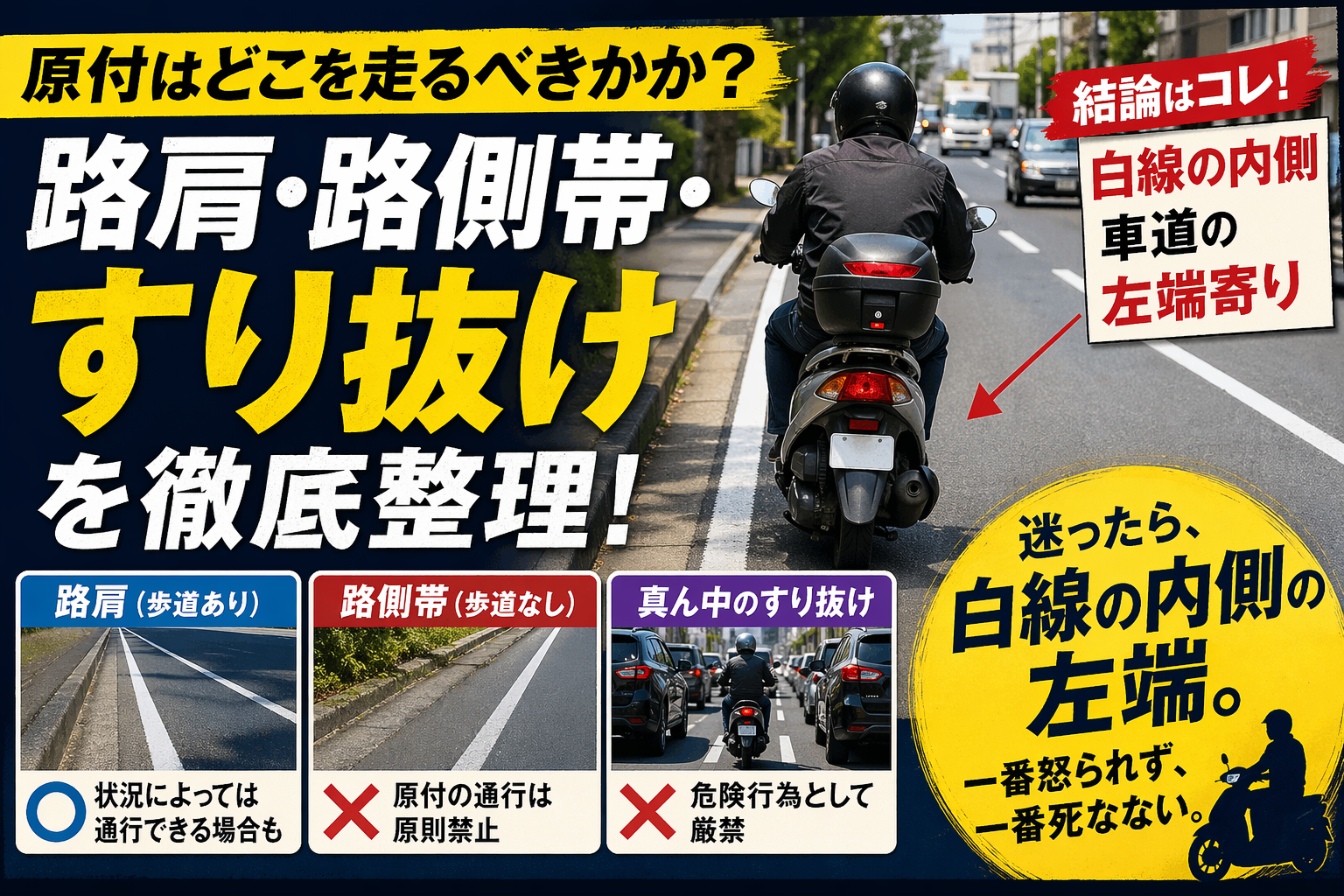原付は路肩を走っていいのか、路側帯はどう違うのか、真ん中のすり抜けはなぜ危険なのか。歩道の有無、白線の見方、左端走行の考え方を現場目線で整理します。