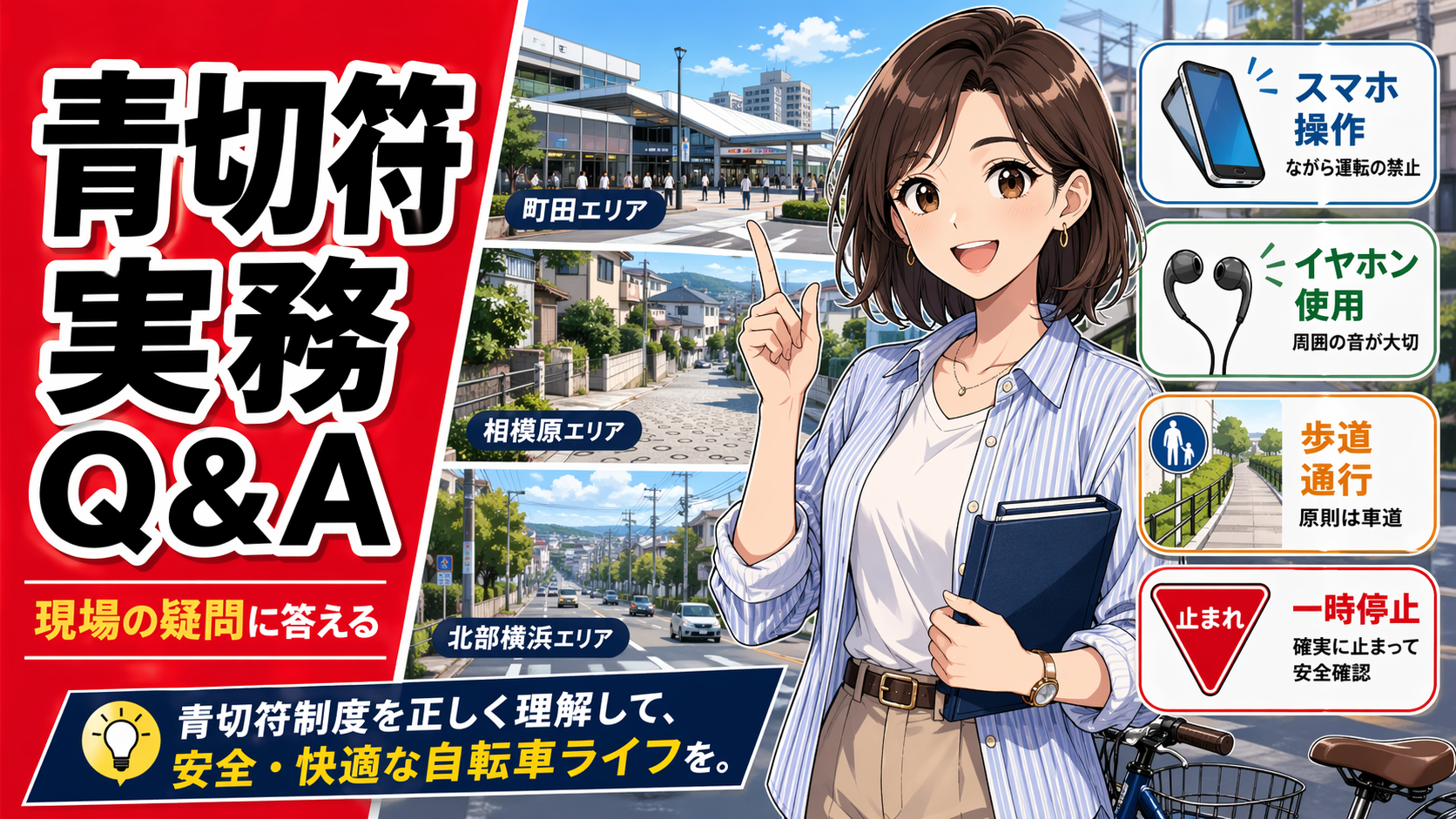 町田・相模原・横浜北部の生活圏を背景に、スマホやイヤホン、歩道、一時停止の疑問に答えるQ&A記事のサムネイル