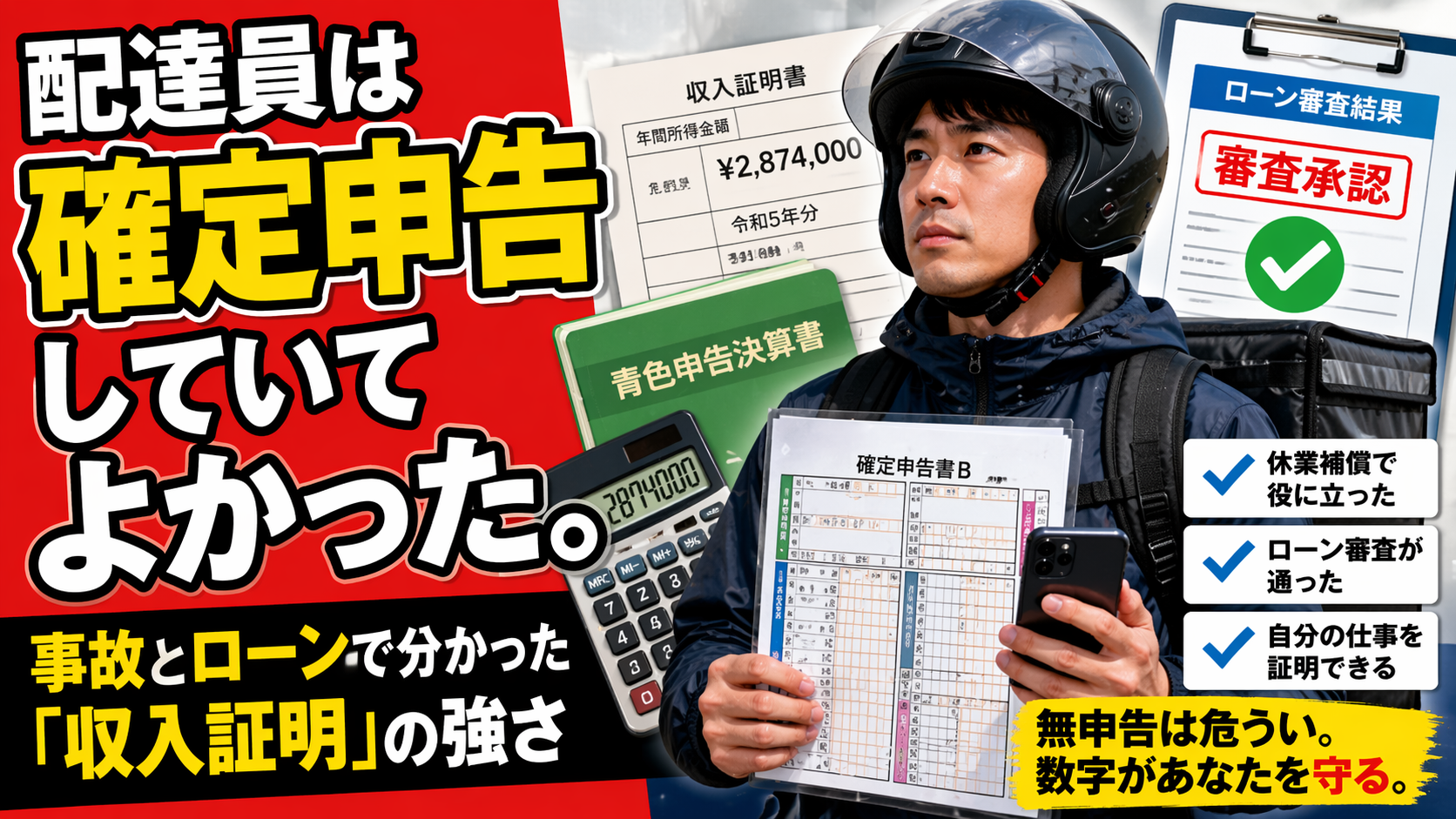広告風のポップアニメ調イラスト。左側の赤い縦帯に大きく「申告していてよかった」という白い縁取りの黒文字。中央には、確定申告書類とスマートフォンを手に、真剣かつ自信に満ちた表情で赤い原付バイクに乗る日本人の配達員。背景の空中に「所得税」の書類、チェックマーク、電卓、「ローン審査通過」と記されたクリップボード、「生活防衛」の文字が入った盾と家のアイコンが浮かんでおり、確定申告が社会的な信用と生活の安定に直結していることを表現している。