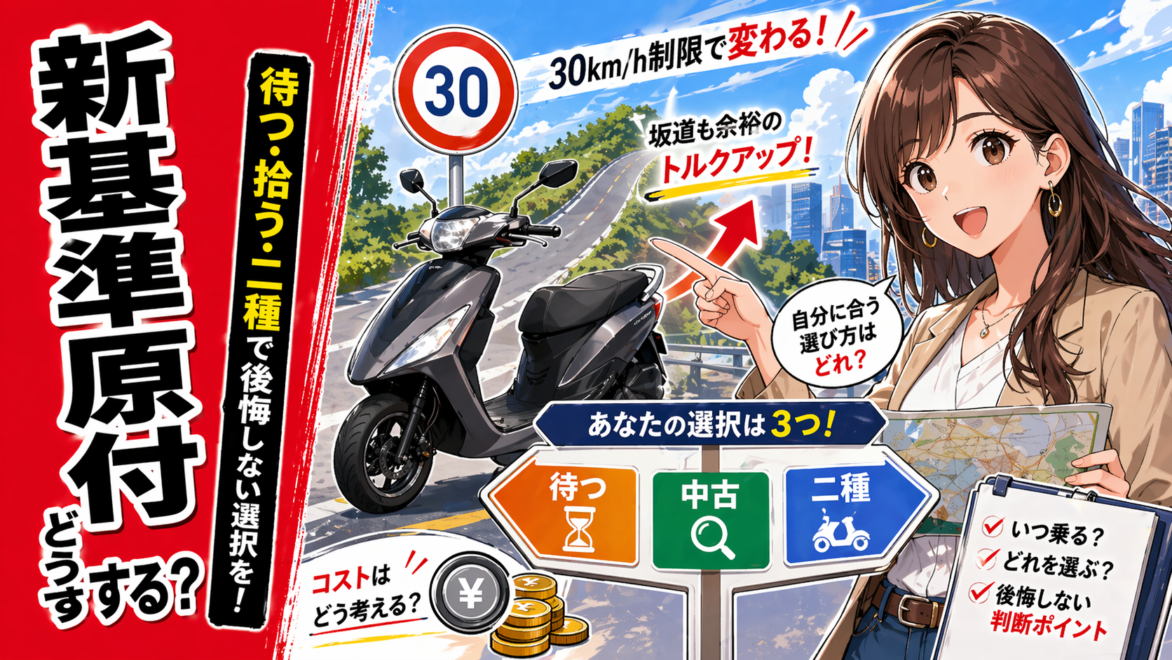 赤い帯に「新基準原付どうする？」の大見出し、中央に新基準原付のスクーターと30km/h標識、右側に女性解説キャラクター、下部に「待つ・中古・二種」の3つの選択肢を示した案内板を配置し、新基準原付の選び方を比較解説するブログ記事用サムネイル。