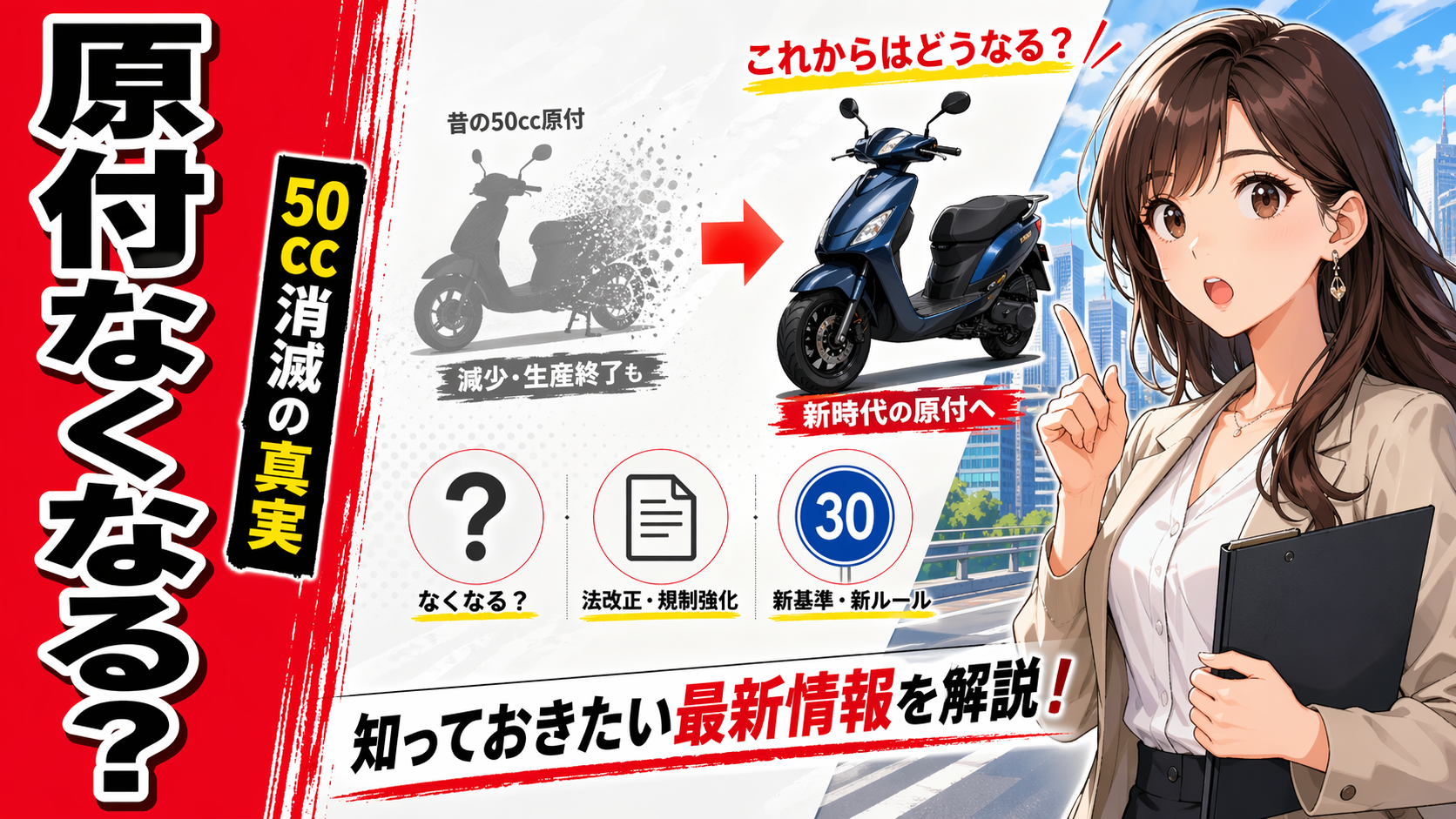 赤い帯に「原付なくなる？」の大見出し、中央に消えゆく昔の50cc原付と新時代の原付への矢印、右側に女性解説キャラクターを配置した、50cc消滅と新基準原付の変化を解説するアイキャッチ画像。
