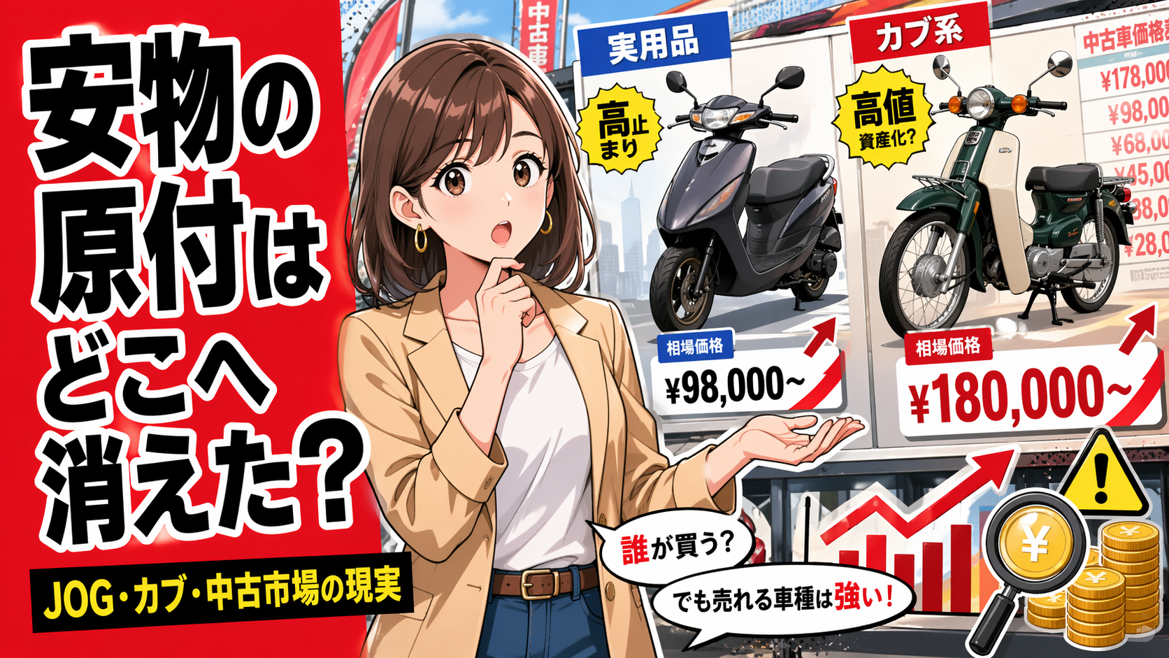 中古原付市場の価格上昇をテーマに、JOGやスーパーカブ50の相場差と“安い仕事の足”が減っている現実を表現したブログ記事用サムネイル。
