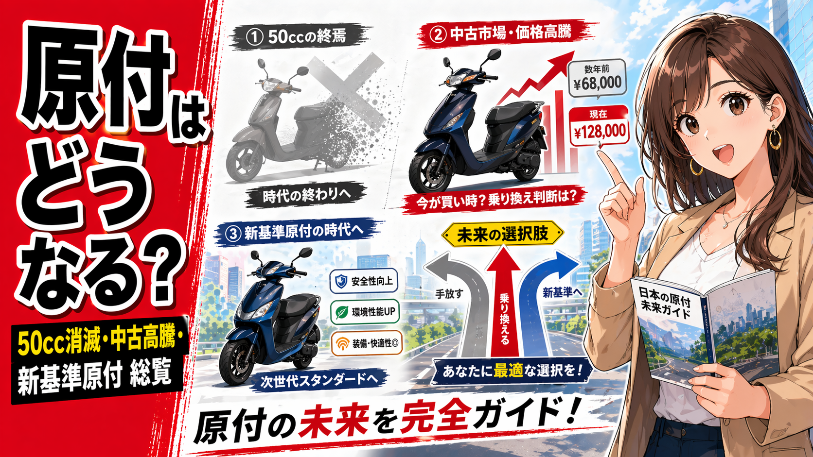 50cc消滅、中古原付の高止まり、新基準原付の選び方を1ページで整理する総覧記事用サムネイル。