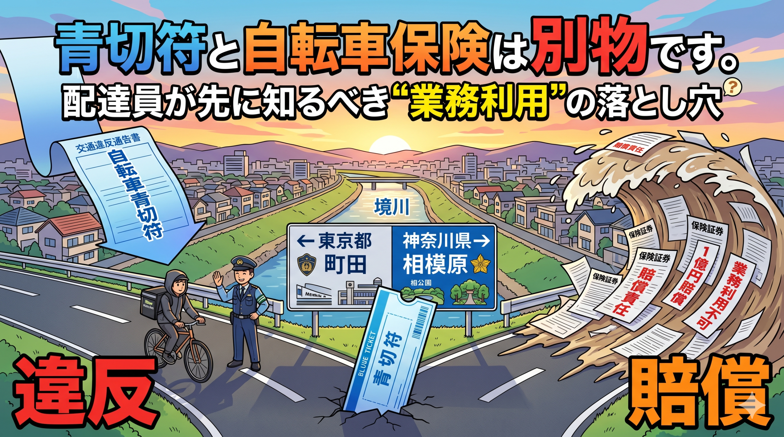 東京都町田市と神奈川県相模原市の都県境（境川）を舞台に、道路が「違反」と「賠償」の二手に分かれるイラスト。左側には自転車配達員と警察官、空飛ぶ青切符が描かれ、右側には「業務利用不可」や「1億円賠償」と書かれた大量の保険証券が波のように押し寄せている。上部には「青切符と自転車保険は別物です。配達員が先に知るべき“業務利用”の落とし穴」というタイトルロゴが入っている。