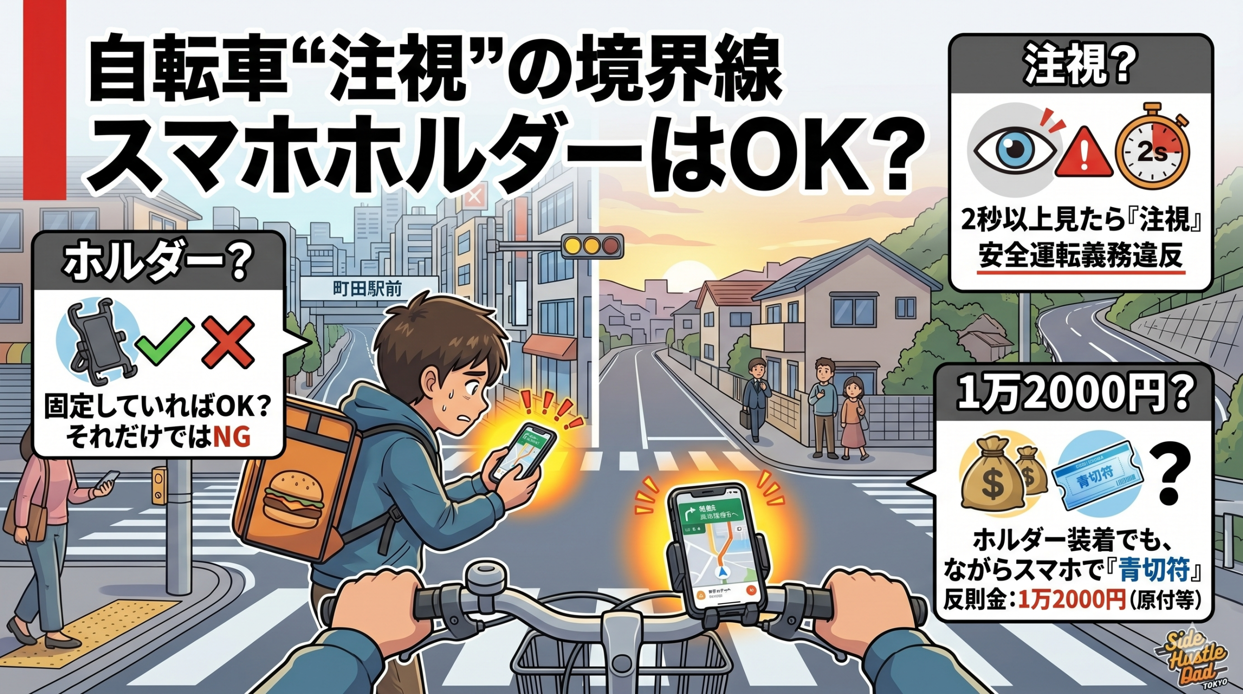 自転車のハンドルに装着されたスマホホルダーと、交差点進入時に画面を注視する運転者の視点を描いたイラスト。背景には町田駅前、相模原の住宅街、横浜北部の坂道がミックスされた生活道路が広がる。上部に『自転車“注視”の境界線｜スマホホルダーはOK？』の文字。左右のパネルでは「ホルダー固定だけでは不十分」「2秒以上の注視は安全運転義務違反」「反則金1万2000円（原付等基準）」というリスクをインフォグラフィックで解説している。