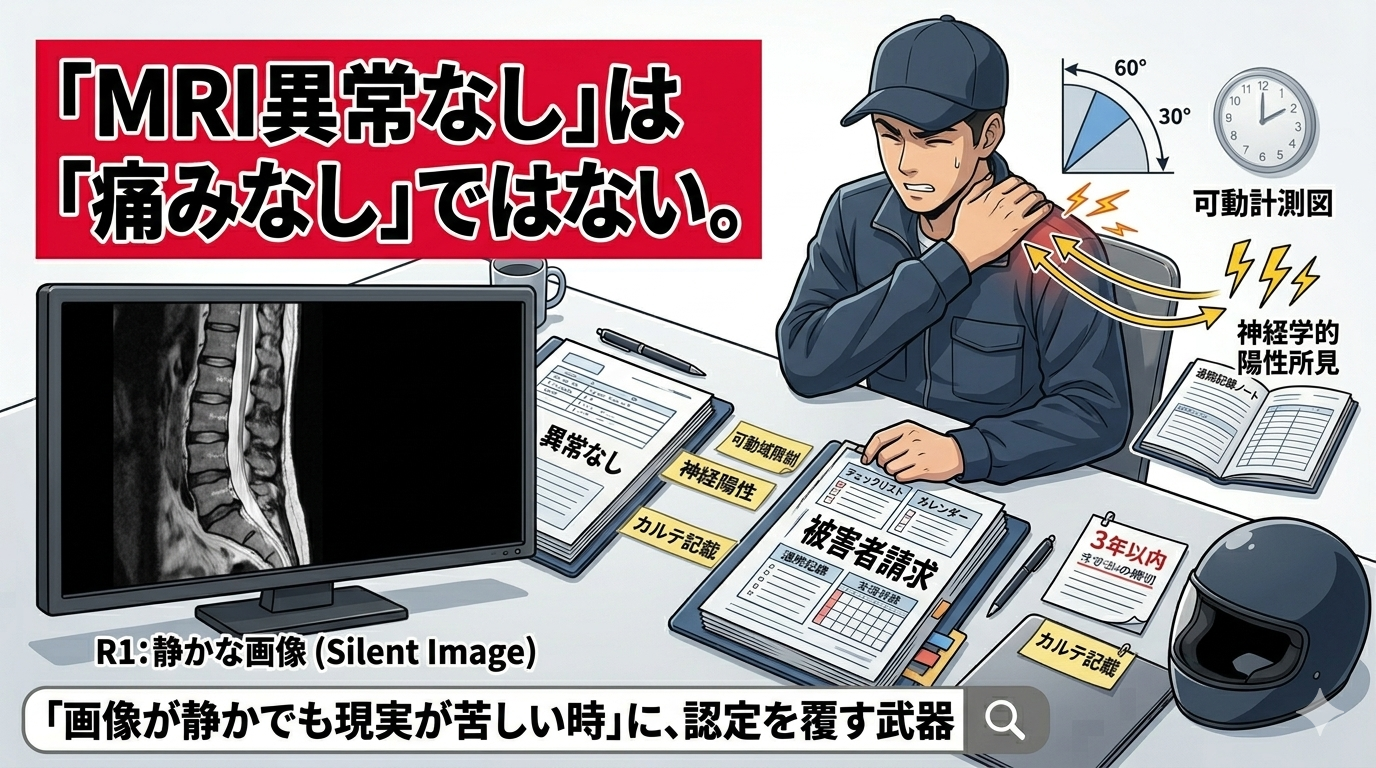 交通事故の後遺障害申請において、MRI異常なしとされた被害者が、現実の痛みと向き合い、可動域制限、神経学的所見、通院記録といった「武器」を整理している。左側のモニターには無機質なモノクロの脊椎画像が「異常なし」として映り、右側の原付配達員は苦悶の表情で首をさすり、可動域制限を示している。デスク上には、 image_3.png の交通事故証明書、 image_5.png の後遺障害診断書（可動域計測値が強調）、 image_8.png の付箋、 image_5.png のデスククロック（3年カウントダウンを強調）が整理されており、画像だけに切らせない決意が感じられる。左上の赤帯に「MRI異常なし」は「痛みなし」ではない、下部の検索バー風テキストに「画像が静かでも現実が苦しい時」に、認定を覆す武器と文字が入っている。