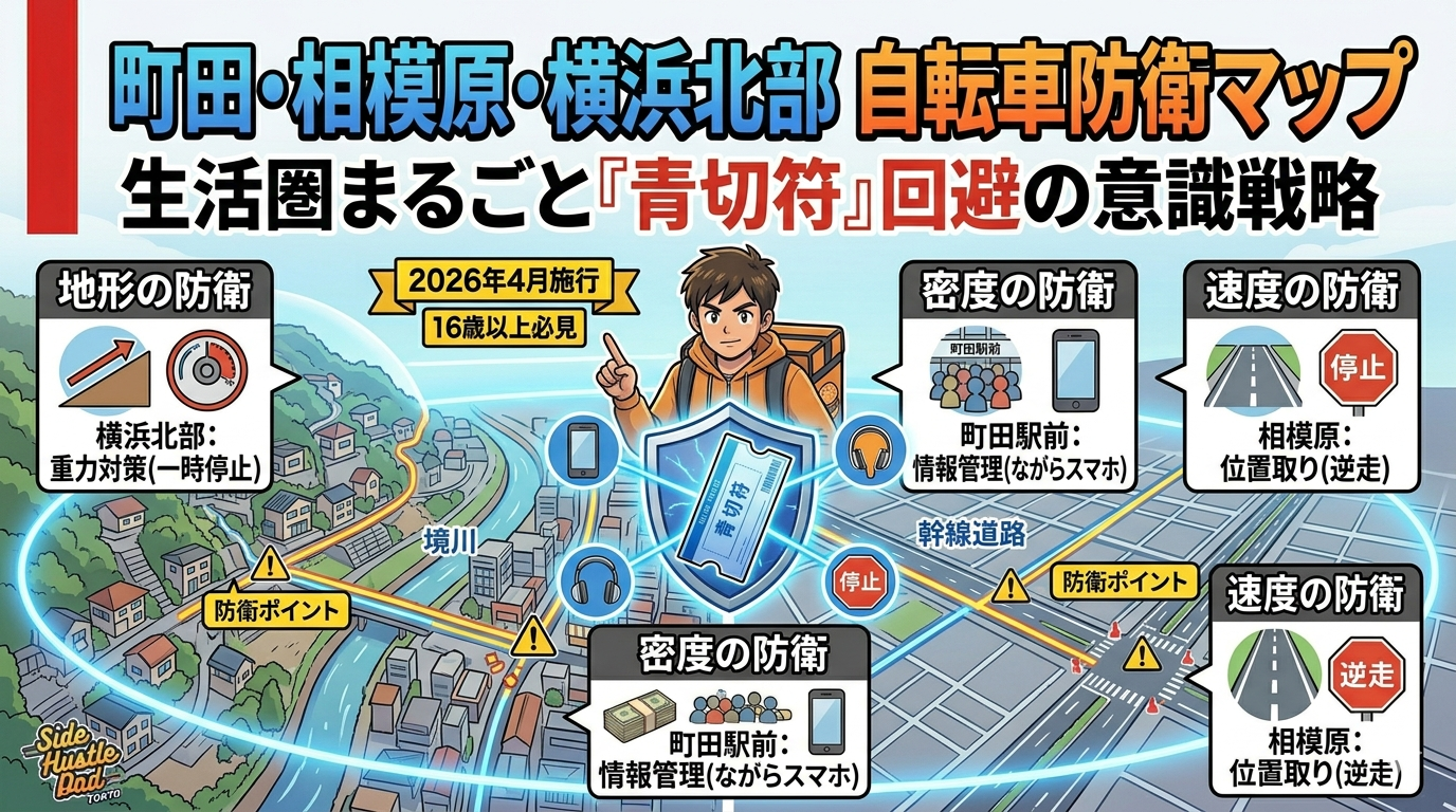 横浜市青葉区みたけ台を起点とし、激しい坂道、恩田川・境川を越えて町田駅前の繁華街、そして相模原の直線的な幹線道路へと広がる都県境生活圏を舞台にした、自転車青切符の包括的な防衛マップ。中央に『町田・相模原・横浜北部 自転車防衛マップ｜生活圏まるごと「青切符」回避の意識戦略』というタイトルロゴ。左右の解説パネルでは、第4話から第6話の内容を地形に合わせて再定義している。左：坂道とブレーキのアイコン、テキスト「地形の防衛：横浜北部：重力対策（一時停止）」。中：繁華街とスマホのアイコン、テキスト「密度の防衛：町田駅前：情報管理（ながらスマホ）」。右：幹線道路と逆走禁止のアイコン、テキスト「速度の防衛：相模原：位置取り（逆走）」。中央にデリバリーバッグを背負った男性キャラクターが司令官のような pose で地図全体を俯瞰し、防衛シールドを指さしている。2026年4月施行、16歳以上必見のフラッグ。Side Hustle Dad TOKYOロゴ。