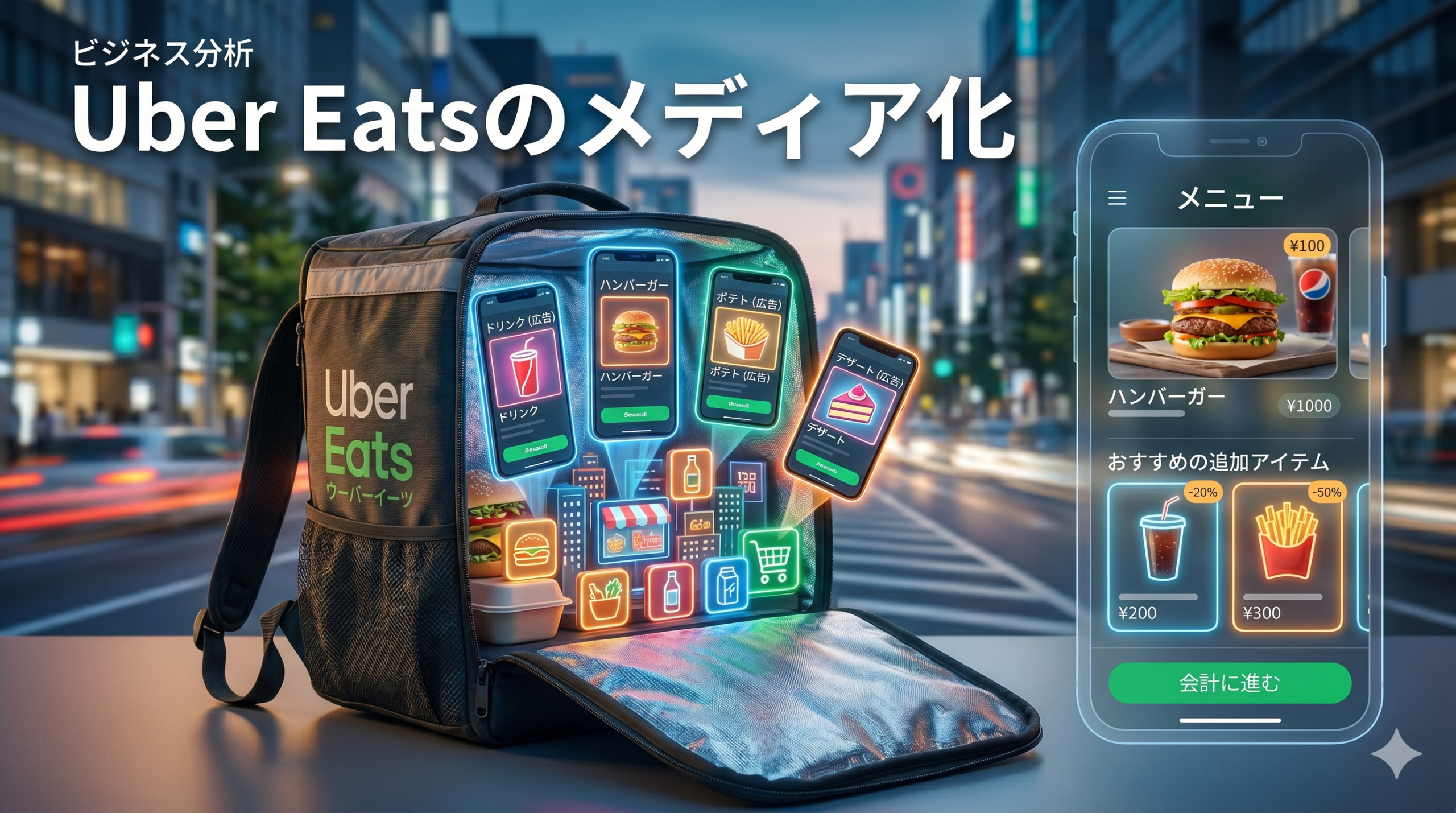 夕暮れの都市を背景に、Uber Eatsの配達バッグが置かれている。バッグのチャックは開いており、その中からは料理の代わりに、glowingなネオン調の日本語テキスト「コーラをもう1本（広告）」「ポテトを追加」「おすすめの商品」が表示された複数のフローティング画面が溢れ出している。バッグの右側には、透過したスマートフォン画面が配置され、アプリの注文確認画面（バーガー、ドリンク、ポテトと価格、そして「会計に進む」ボタン）が表示されている。画像左上には「ビジネス分析：Uber Eatsのメディア化」というテキストがあり、物流インフラが購買意思決定を促す広告メディアへ変容する構造を視覚化している。