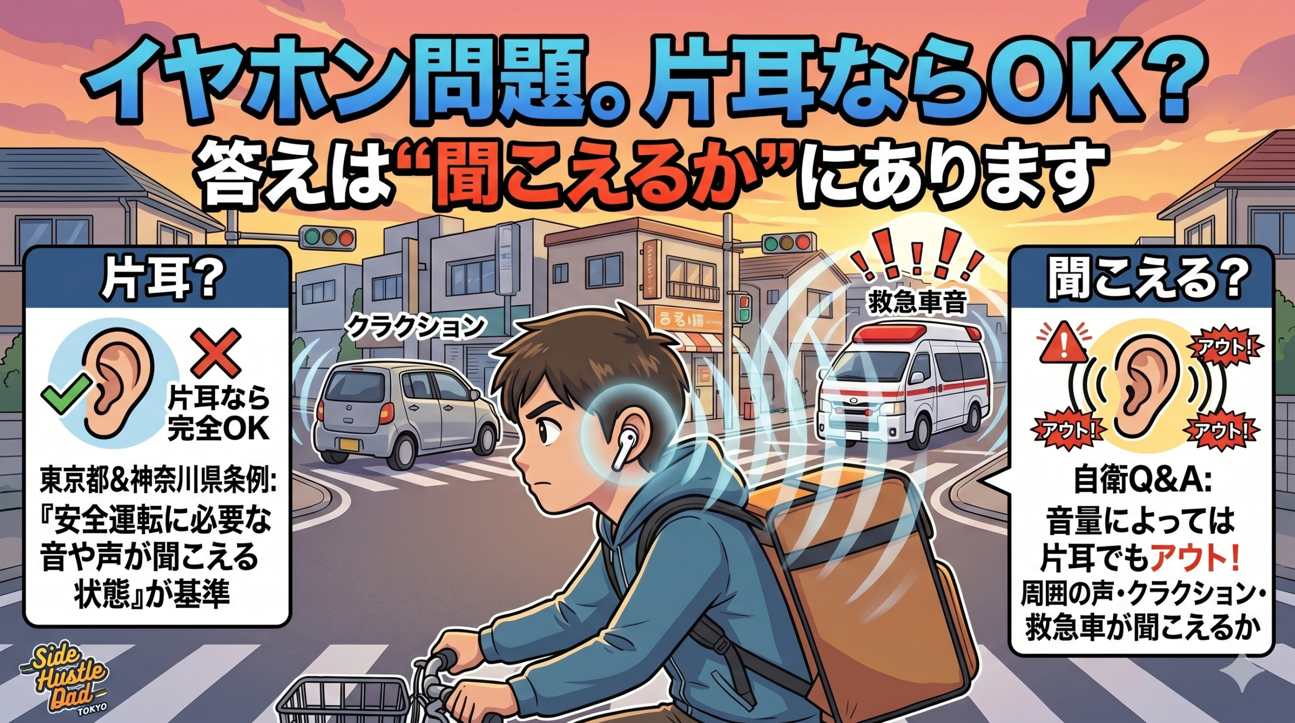 自転車に乗る配達員が片耳イヤホンを装着している横顔のイラスト。後方から救急車と乗用車が接近し、クラクションやサイレンの音が波紋のような視覚エフェクトで描かれている。画面上部には『イヤホン問題。片耳ならOK？ 答えは“聞こえるか”にあります』という見出し。左右のパネルでは、東京都と神奈川県の条例に基づき「片耳なら完全OKではない」「周囲の声や救急車の音が聞こえる状態が基準」であることを解説するインフォグラフィック風の画像。