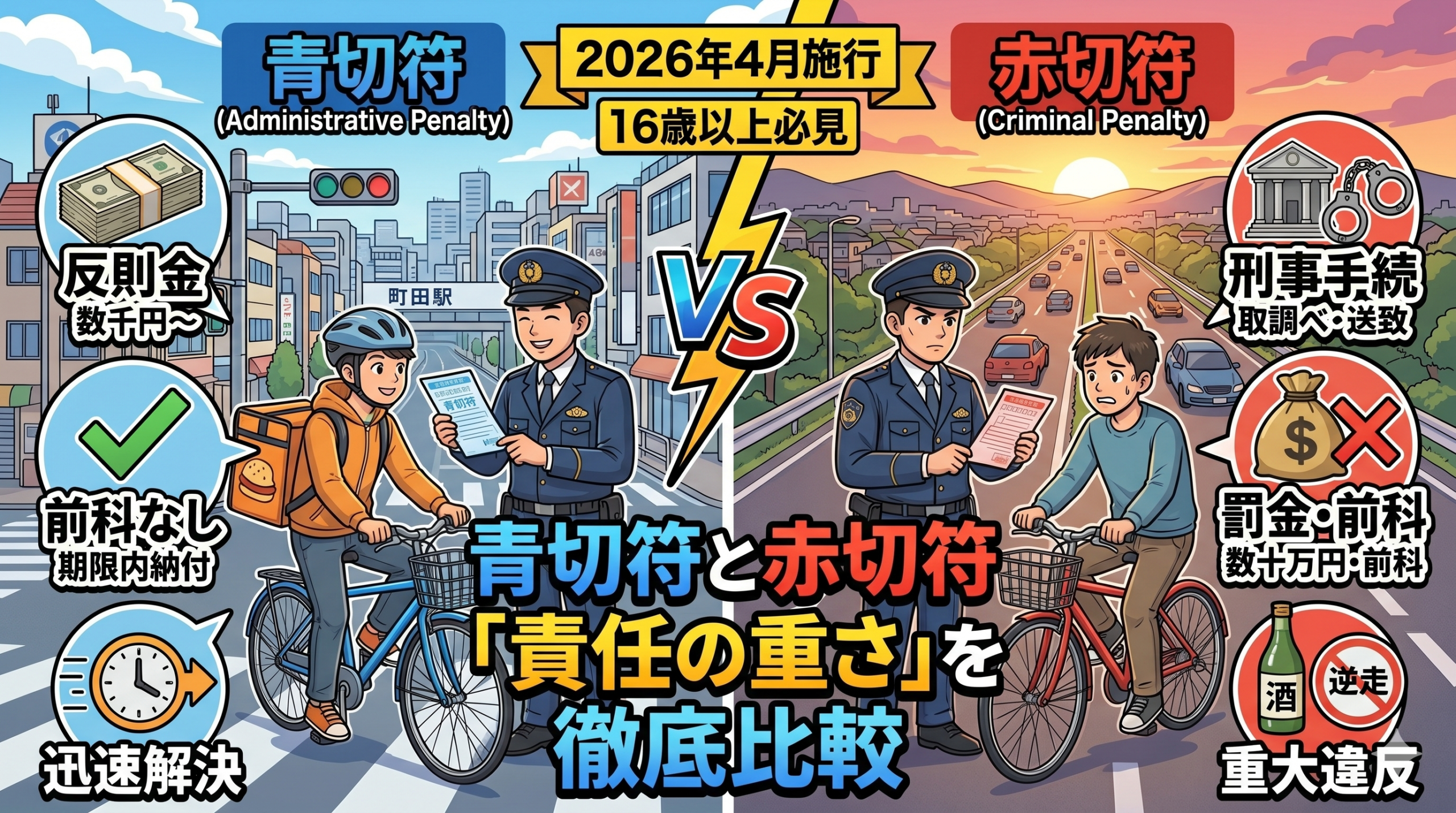 2026年4月施行の自転車青切符・赤切符を比較する左右分割のイラスト。左側は「青切符（行政処分）」で、町田駅周辺を舞台に配達員が警察官から説明を受ける様子と、反則金・前科なし・迅速解決のアイコン。右側は「赤切符（刑事罰）」で、重大違反による刑事手続や罰金・前科のリスク、飲酒・逆走禁止のアイコン。中央に『青切符と赤切符「責任の重さ」を徹底比較』というタイトルロゴが入った、16歳以上向けの解説画像。