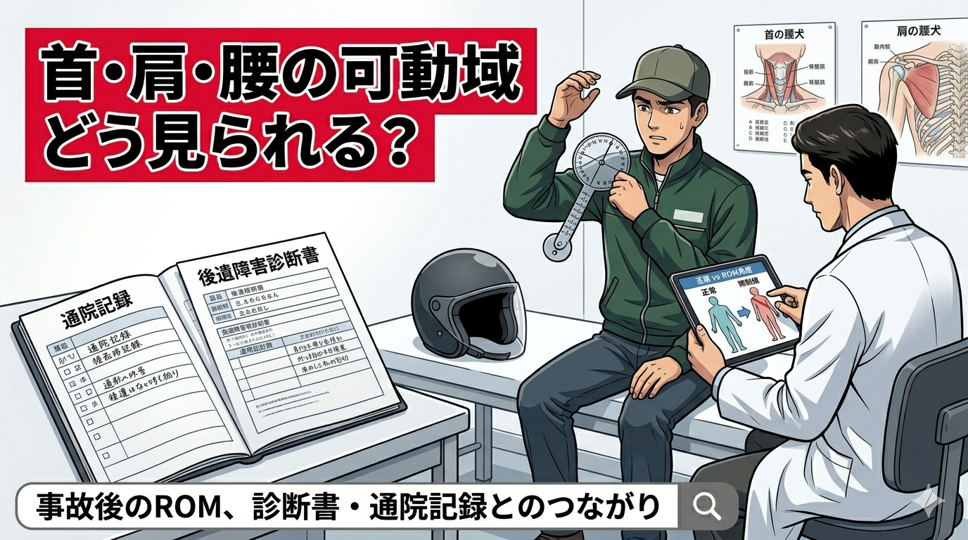 交通事故の後遺障害申請において、首や肩の可動域低下に悩む原付配達員（ image_3.png の男性と同じダークグリーンのジャケット）が、診察室で角度計測と通院記録を確認している。医師（ white coat ）がgoniometer（角度計）を用いて男性の手を計測し、その制限を数値化している。デスク上には、 image_3.png の交通事故証明書、 image_5.png の後遺障害診断書（計測角度が強調）、 image_8.png の付箋、 image_5.png のデスククロック（3年カウントダウンを強調）が整理されており、画像だけに切らせない決意が感じられる。男性の表情は苦悶し、首の動きを制限している様子。 anatomy posters が壁にあり、光と影の強いコントラスト。タイトルバンド排除。左上の赤帯に「首・肩・腰の可動域どう見られる？」、下部のテキストバンドに「事故後のROM、診断書・通院記録とのつながり」と文字が入っている。