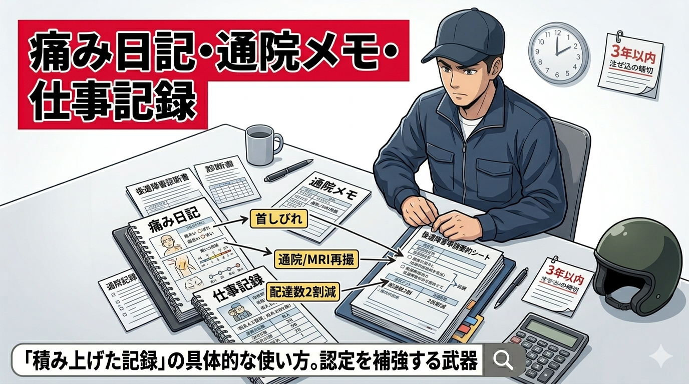 交通事故の後遺障害申請において、首や肩の可動域低下に悩む原付配達員（ image_3.png の男性と同じダークグリーンのジャケット）が、診察室で角度計測と通院記録を確認している。医師（ white coat ）がgoniometer（角度計）を用いて男性の手を計測し、その制限を数値化している。デスク上には、 image_3.png の交通事故証明書、 image_5.png の後遺障害診断書（計測角度が強調）、 image_8.png の付箋、 image_5.png のデスククロック（3年カウントダウンを強調）が整理されており、画像だけに切らせない決意が感じられる。男性の表情は苦悶し、首の動きを制限している様子。 anatomy posters が壁にあり、光と影の強いコントラスト。タイトルバンド排除。左上の赤帯に「痛み日記・通院メモ・仕事記録」、下部のテキストバンドに「積み上げた記録」の具体的な使い方。認定を補強する武器と文字が入っている。