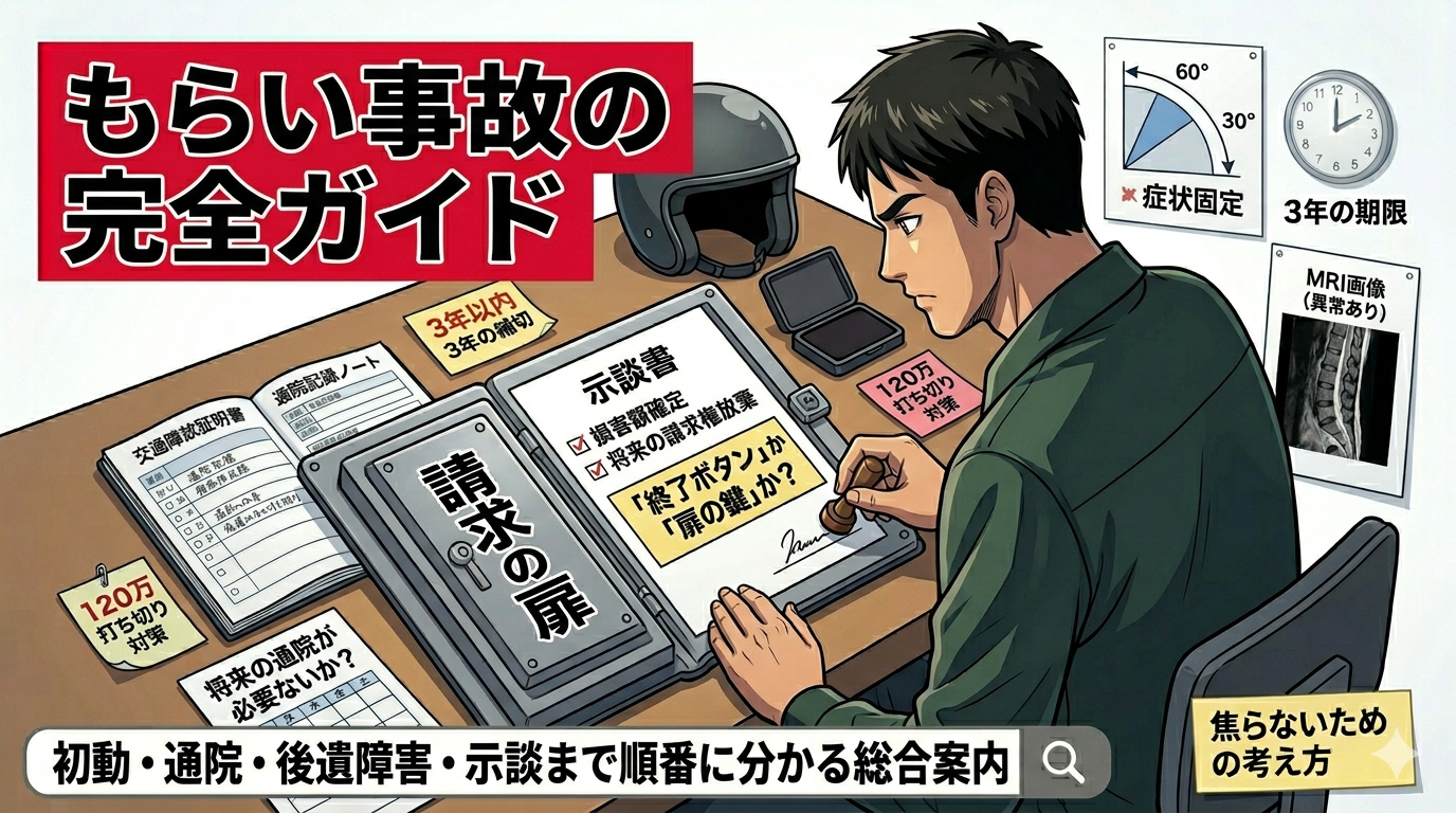 もらい事故の各段階を示した地図を前に、初動から示談までの流れを確認している原付配達員のアイキャッチ画像