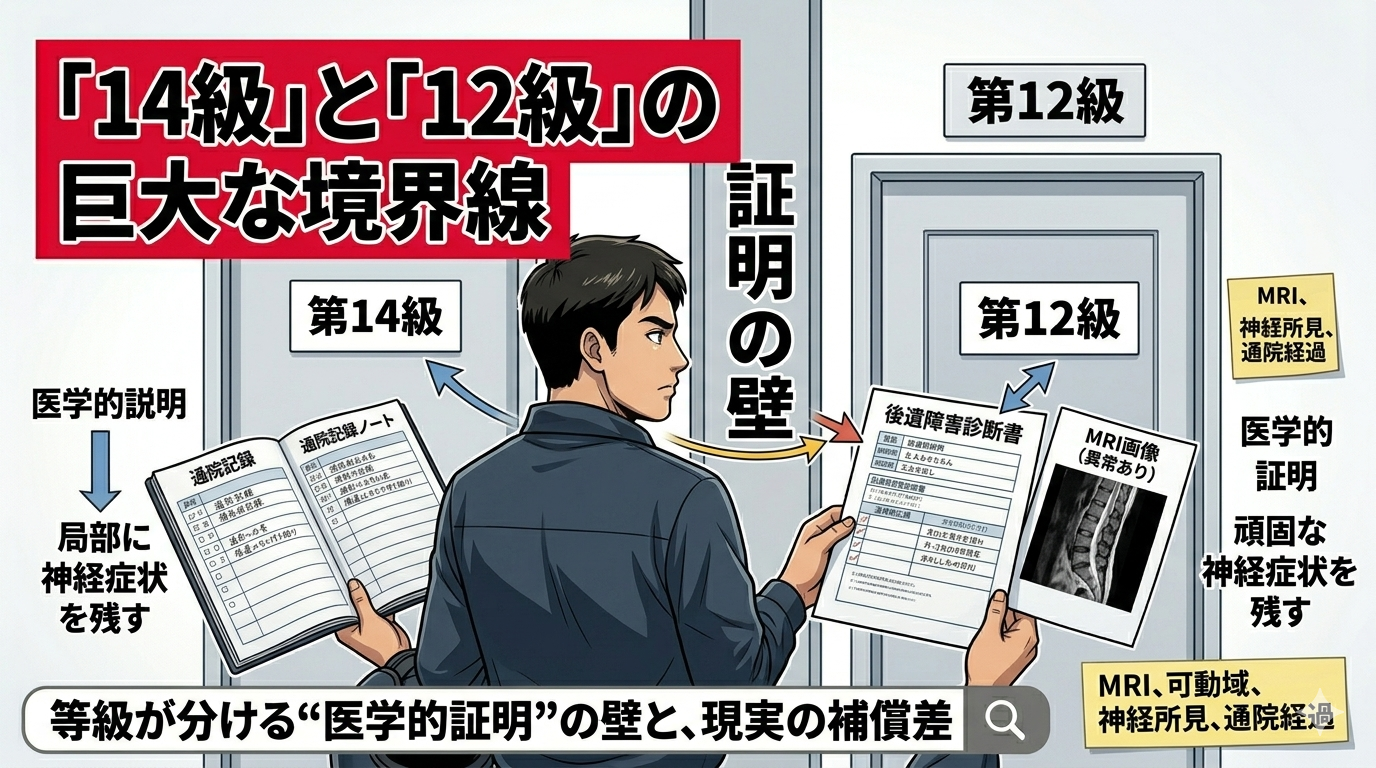交通事故の後遺障害申請において、14級と12級の実務的境界に直面する原付配達員（ image_3.png の男性と同じダークグリーンのジャケット）が、診察室で二つの closed medical office doors side-by-side の前に立ち、手持ちの資料を確認している。左側のドアには「第14級」とあり、「医学的説明」「局部に神経症状を残す」のモチーフ。右側のドアには「第12級」とあり、「医学的証明」「頑固な神経症状を残す」のモチーフ。中央には巨大な「証明の壁」の文字。男性は、 image_3.png の交通事故証明書、 image_5.png の後遺障害診断書（MRI異常所見が強調）、 image_8.png の付箋、 image_5.png のデスククロック（3年カウントダウンを強調）が整理された通院記録ノートを抱え、どちらのドア（等級）を選ぶべきか判断している。男性の表情は苦悶し、首の動きを制限している様子。 anatomy posters が壁にあり、光と影の強いコントラスト。タイトルバンド排除。左上の赤帯に「14級」と「12級」の巨大な境界線、下部のテキストバンドに等級が分ける“医学的証明”の壁と、現実の補償差と文字が入っている。 perfectly legible Japanese text. No logos.