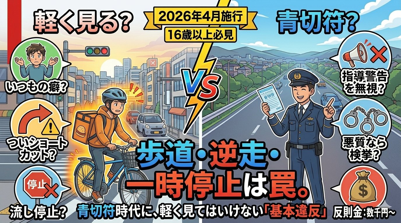 東京都町田市と神奈川県（横浜市青葉区みたけ台周辺の坂道、相模原の幹線道路）の生活道路を背景に、自転車の青切符導入における「歩道・逆走・一時停止」という3大基本違反を整理したイラスト。中央に『歩道・逆走・一時停止は罠。｜青切符時代に、軽く見てはいけない「基本違反」』というタイトルロゴ。左右分割で、左側（軽く見る？）は配達員が無意識に一時停止無視と逆走をして警告オーラに包まれる様子と、癖・ショートカット・流し停止の解説パネル。右側（青切符？）は笑顔の警察官が青切符を指さし、指導無視・悪質検挙・反則金（数千円～）の負担を示すパネル。16歳以上向け、2026年4月施行。右下にSide Hustle Dad TOKYOロゴ。