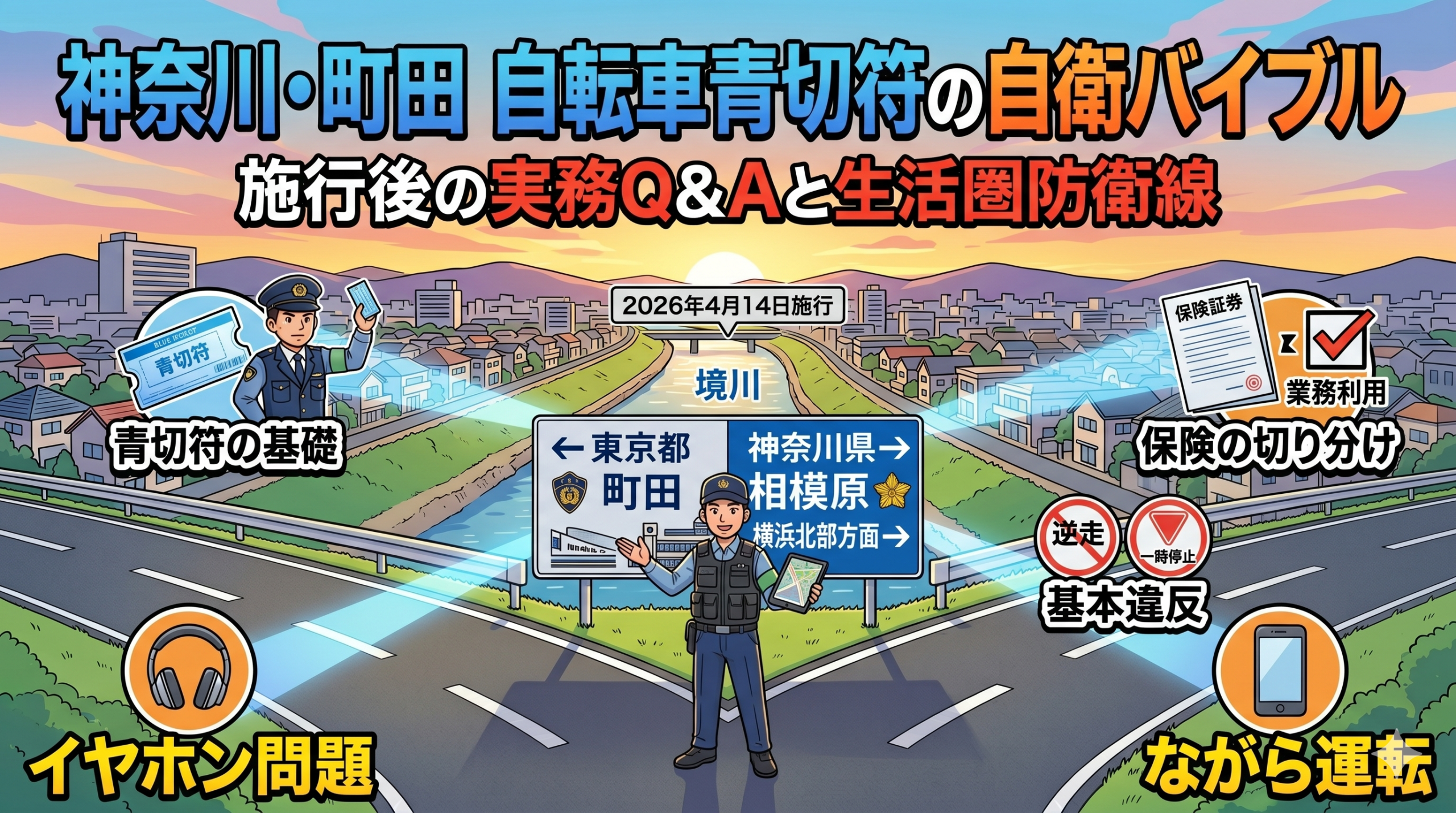 東京都町田市と神奈川県相模原市・横浜北部の境界である「境川」の分岐点を背景にしたイラスト。中央に『神奈川・町田 自転車青切符の自衛バイブル｜施行後の実務Q&Aと生活圏防衛線』というタイトルロゴ。周囲には「青切符の基礎」「保険の切り分け」「基本違反」「イヤホン問題」「ながら運転」の各解説記事を象徴するアイコンが配置され、配達員と警察官が描かれた、シリーズ全体を俯瞰するポップなアニメ調のハブ画像。