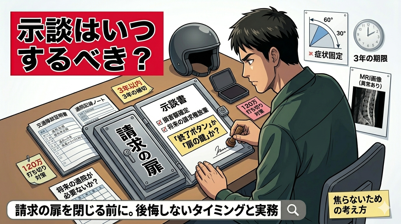示談書と印鑑を前に、深い溜息をつきながらも、カレンダーや通院メモ（これまでの戦歴）を見返して思い止まる原付配達員。カレンダーには「6月17日」に大きな丸。背後には「将来への扉」が半分閉まりかけている。左上の赤帯に「示談はいつするべき？」、下部の検索バー風テキストに「請求の扉を閉じる前に」と文字が入っている。