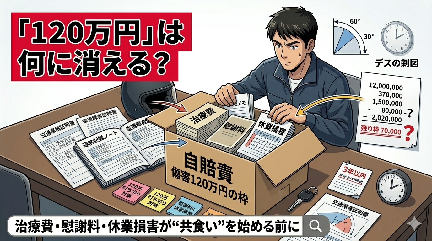 交通事故の後遺障害申請において、首や肩の可動域低下に悩む原付配達員（ image_3.png の男性と同じダークグリーンのジャケット）が、診察室で角度計測と通院記録を確認している。医師（ white coat ）がgoniometer（角度計）を用いて男性の手を計測し、その制限を数値化している。デスク上には、 image_3.png の交通事故証明書、 image_5.png の後遺障害診断書（計測角度が強調）、 image_8.png の付箋（例：120万打ち切り対策）、 image_5.png のデスククロック（3年カウントダウンを強調）が整理されており、画像だけに切らせない決意が感じられる。男性の表情は苦悶し、首の動きを制限している様子。 anatomy posters が壁にあり、光と影の強いコントラスト。タイトルバンド排除。左上の赤帯に「120万円は何に消える？」、下部のテキストバンドに治療費・慰謝料・休業損害が“共食い”を始める前にと文字が入っている。