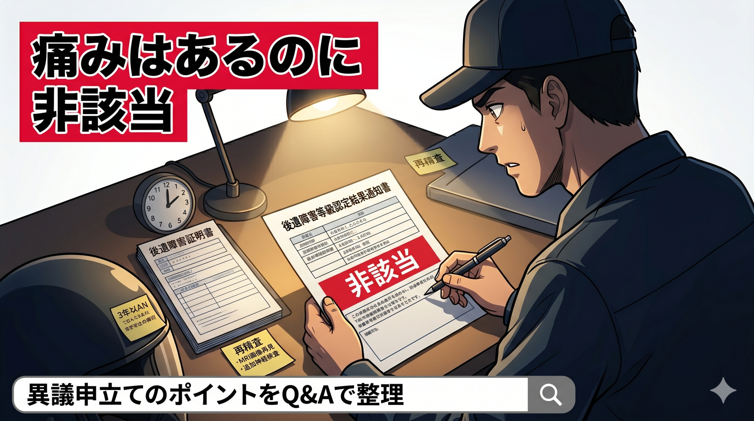 深夜のデスクライトの下、クローズアップ構図。 image_5.png の原付配達員が、たった一枚の封筒と紙切れ（後遺障害等級認定結果通知書）をじっと見つめている。紙切れには、はっきりと大きな赤字で**「非該当」**（Non-Applicable/Denial）の文字。男性の手は震え、通知書を握る。表情は、虚脱感から冷静な決意へ。 image_3.png の organized files ではなく、 image_5.png で見比べていた診断書、ヘルメット、 pen、デスククロック（3年カウントダウン）、付箋が無造作に置かれている。光と影の強いコントラスト。タイトルバンド排除。