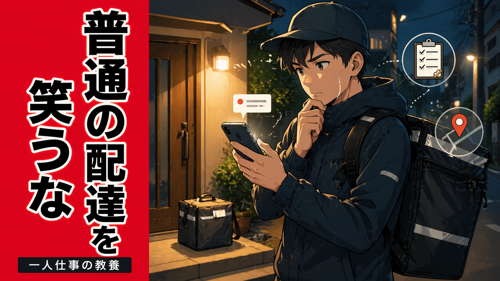 配達バッグを背負った配達員がスマホのお知らせを見ながら考え込み、「普通の配達を笑うな」と書かれた一人仕事の教養シリーズ用サムネイル。