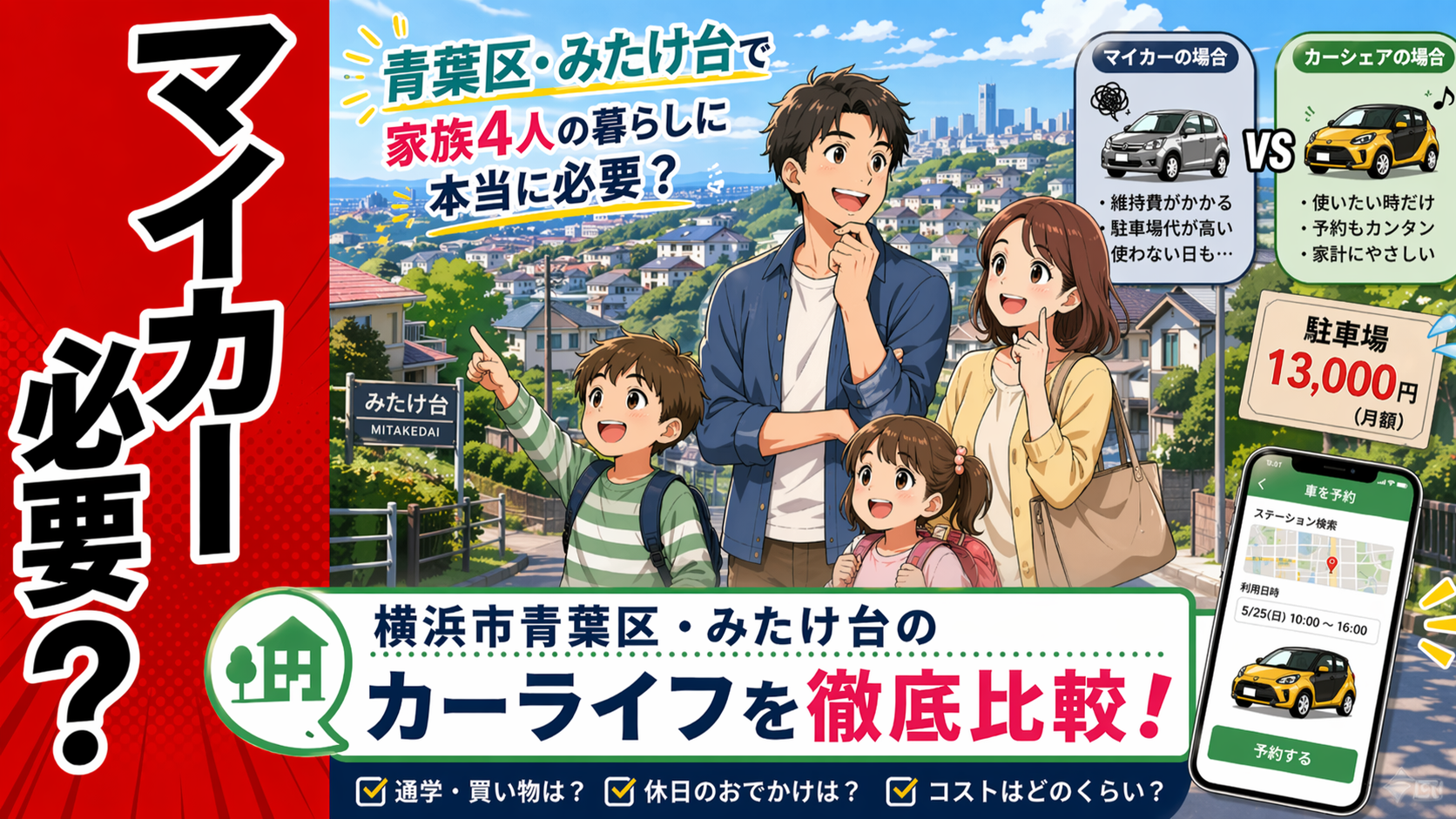 みたけ台の住宅街を背景に、4人家族とカーシェア車の比較をポップなアニメ調で描いたサムネイル。左に「マイカー必要？」、右に駐車場代13,000円とマイカー対カーシェアの比較、下に「横浜市青葉区・みたけ台のカーライフを徹底比較！」と表示。