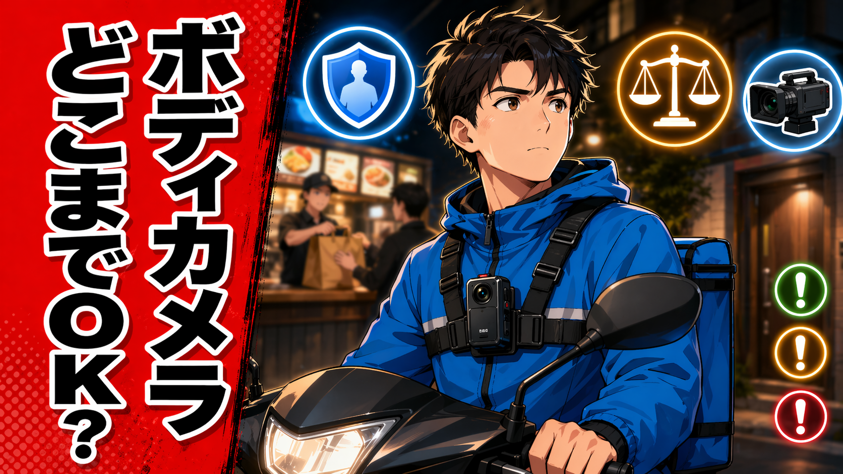 胸元にボディカメラを装着した配達員が夜の街で原付にまたがるアニメ風サムネ。左側の赤帯に大きく「ボディカメラ どこまでOK？」の文字が入り、背景にはピック先の店内や配達先を連想させる街並み、周囲には防犯・法律・撮影を示すアイコンが配置されている。