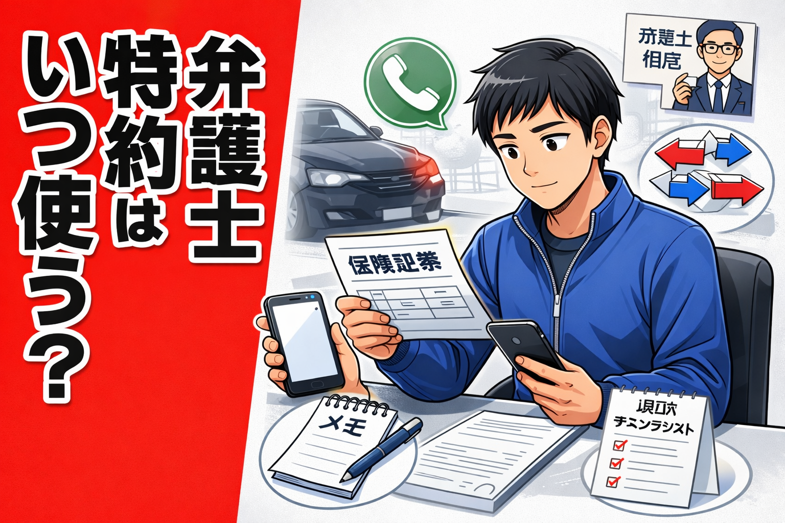 もらい事故後に弁護士特約の使いどころを確認する原付配達員が、保険証券とスマホを見ながら相談タイミングを整理しているアイキャッチ画像