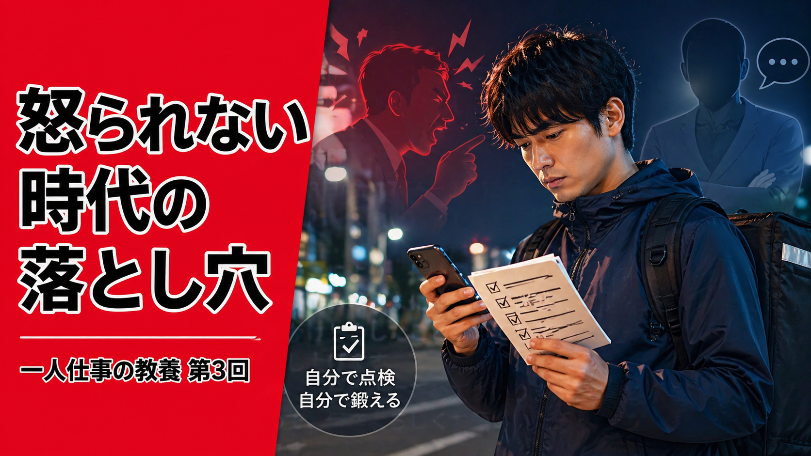 夜の街で配達員がスマホとチェックリストを見ながら自分の仕事を点検している、「怒られない時代の落とし穴」と書かれた一人仕事の教養第3回のサムネイル。