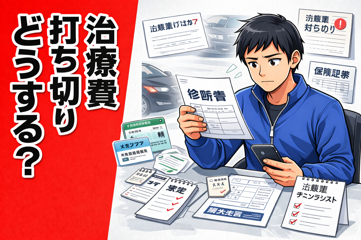 交通事故後に治療費の打ち切り連絡を受けた原付配達員が、診断書や保険書類、スマホを前に今後の対応を整理しているアイキャッチ画像