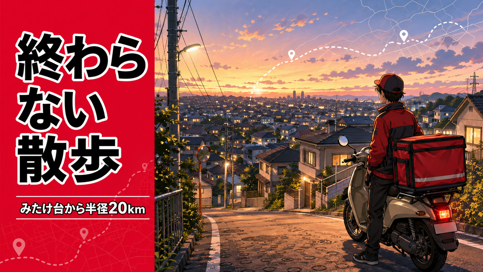 横浜市青葉区みたけ台を起点に、配達員が原付で半径20kmの生活圏を記録していく「終わらない散歩」を表現したポップアニメ風サムネイル