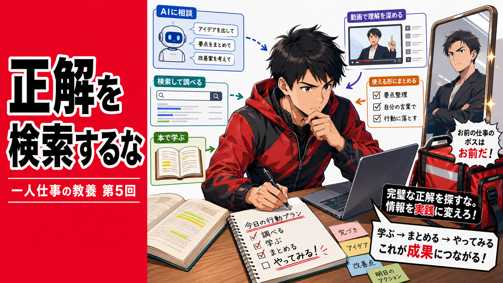 AI、検索、本、動画、通知などの情報を机の上で整理し、ノートに「今日の行動」として落とし込む男性を描いたサムネイル。「正解を検索するな」という文字が入り、一人仕事で情報を実務に変える考え方を表している。