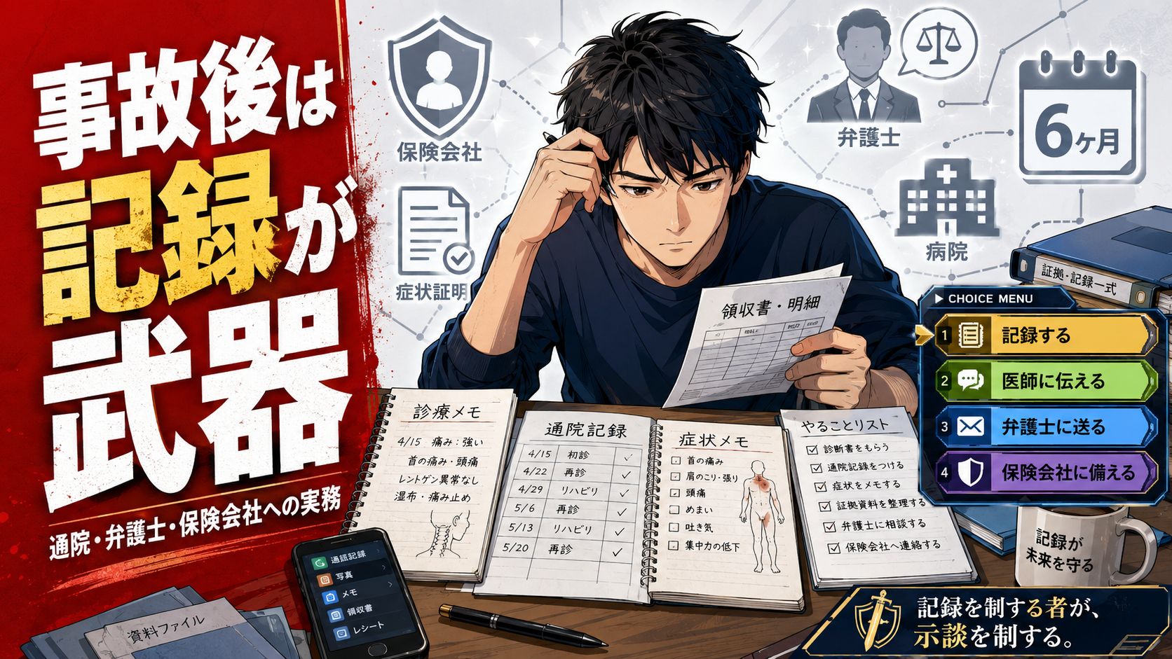 交通事故対応で被害者が通院記録や症状メモを整理し、保険会社や弁護士への対応を考えているイメージ
