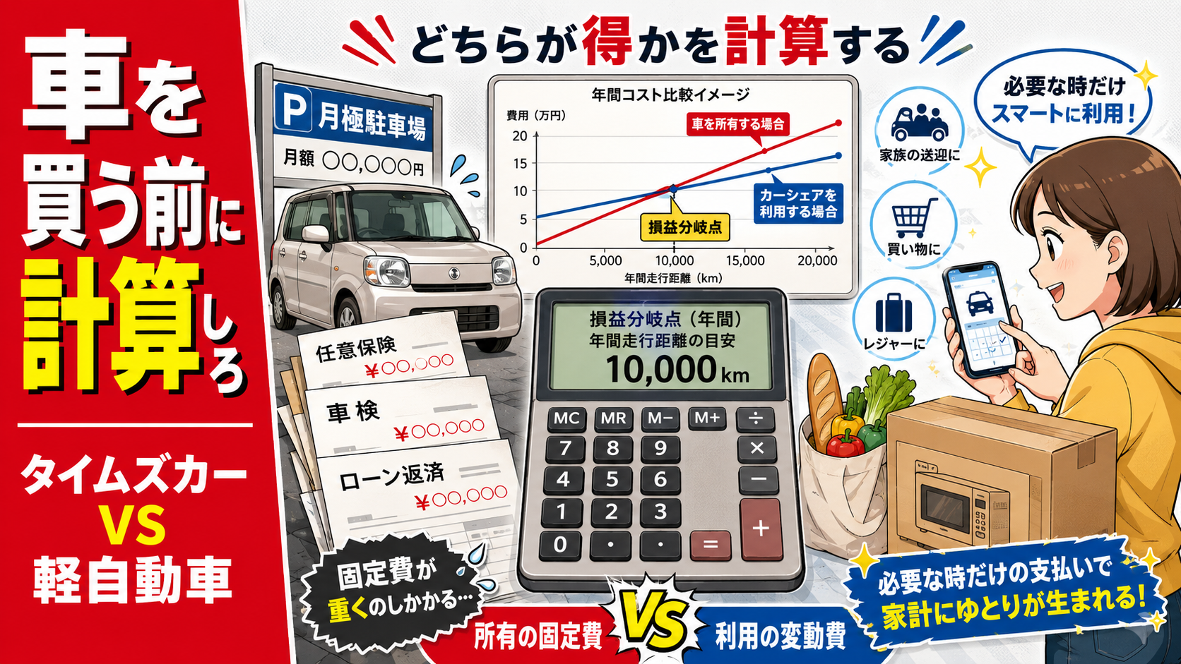 タイムズカーと軽自動車所有の損益分岐点を、駐車場代や保険料、ローン有無で比較する生活防衛記事のアイキャッチ