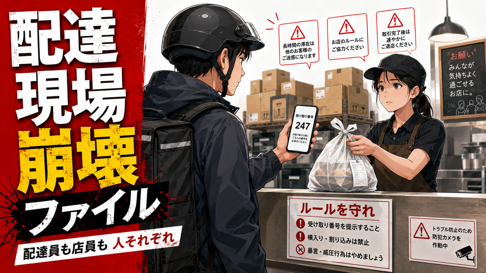 飲食店の受け渡しカウンターで、配達員と店員が向き合い、フードデリバリー現場のルールとトラブルを象徴しているサムネイル画像。