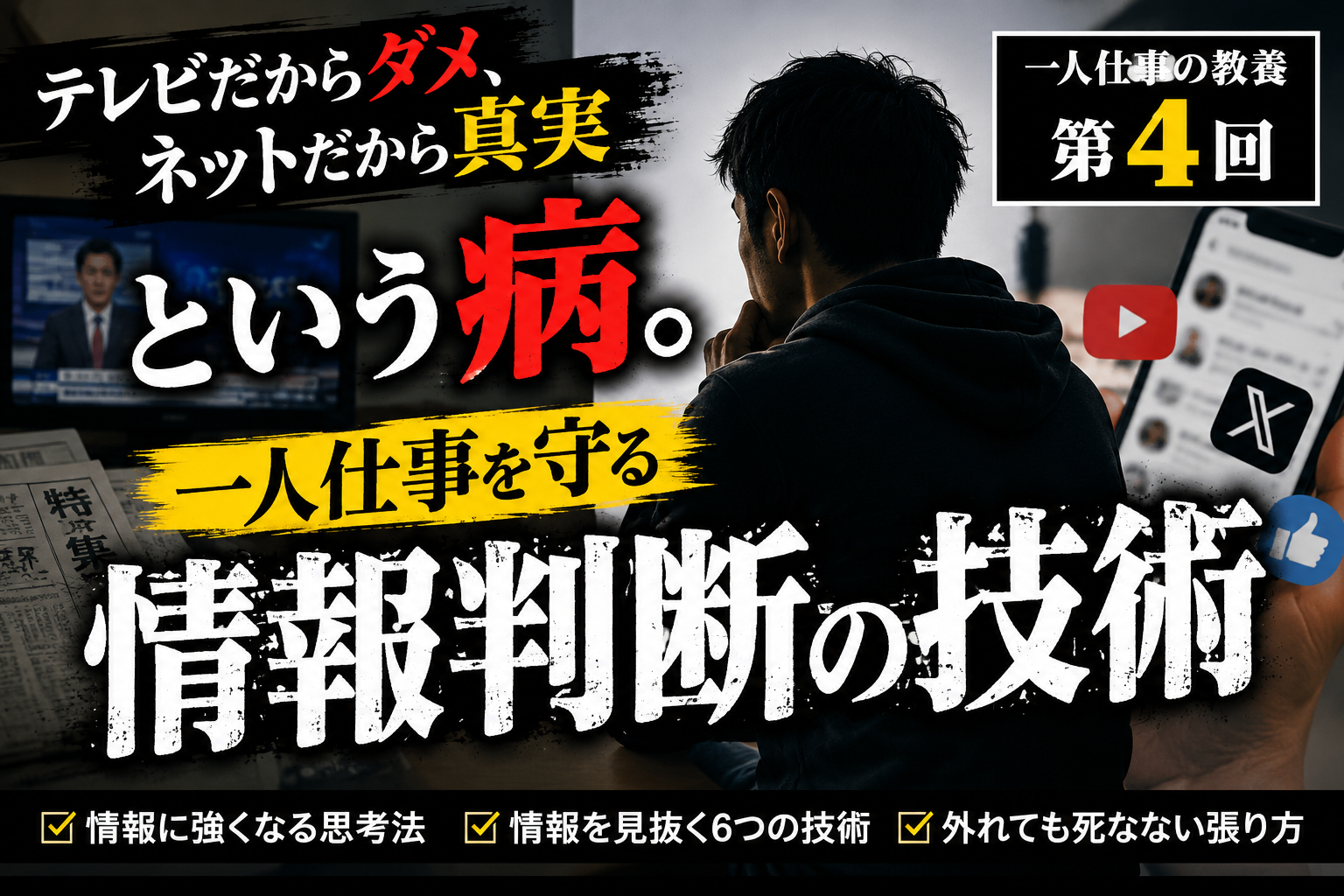テレビ、新聞、スマホ、SNSなど複数の情報源に囲まれた男性が、情報の真偽を考えているサムネイル。「テレビだからダメ、ネットだから真実という病」「情報判断の技術」という文字が入り、一人仕事に必要な情報を判断する技術を表している。