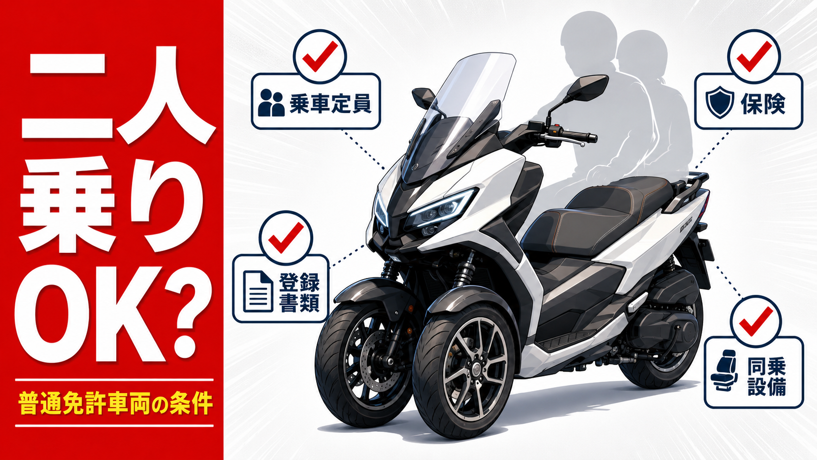 普通免許で二人乗りできるバイク型車両について、乗車定員、登録書類、保険、同乗設備の条件を整理する記事のアイキャッチ画像