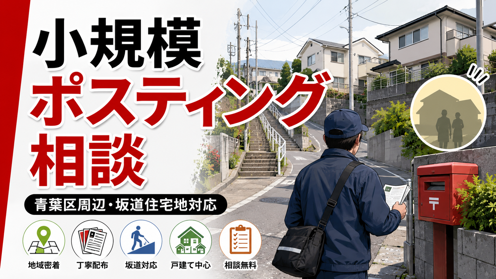青葉区周辺の坂道住宅地で小規模ポスティングや地域配布を行う配布員のイメージ。地域密着型のチラシ配布相談ページ用サムネイル。
