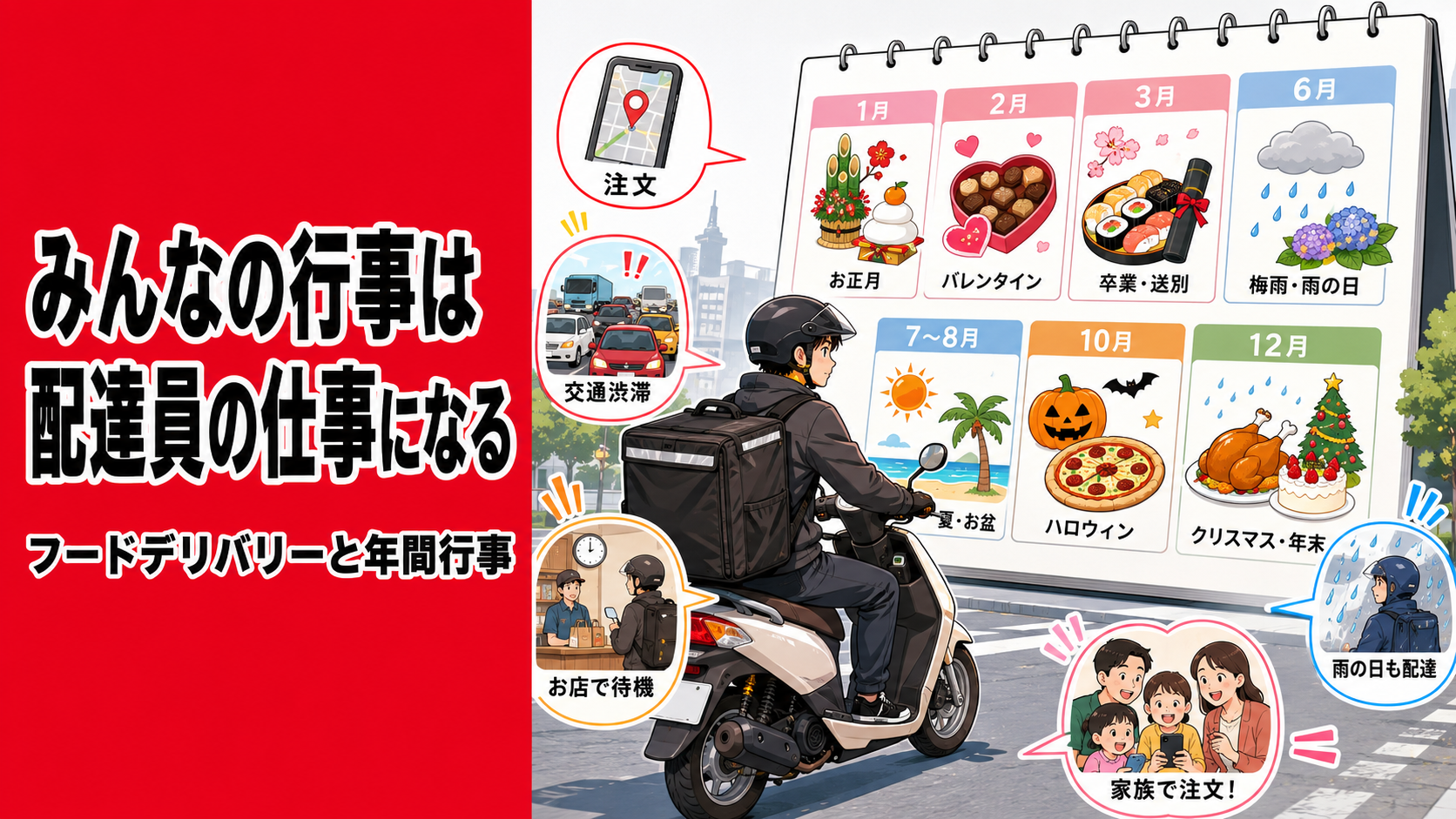 年間行事によってフードデリバリーの仕事が変わる様子を、原付配達員と季節イベントのカレンダーで表したブログ用アイキャッチ