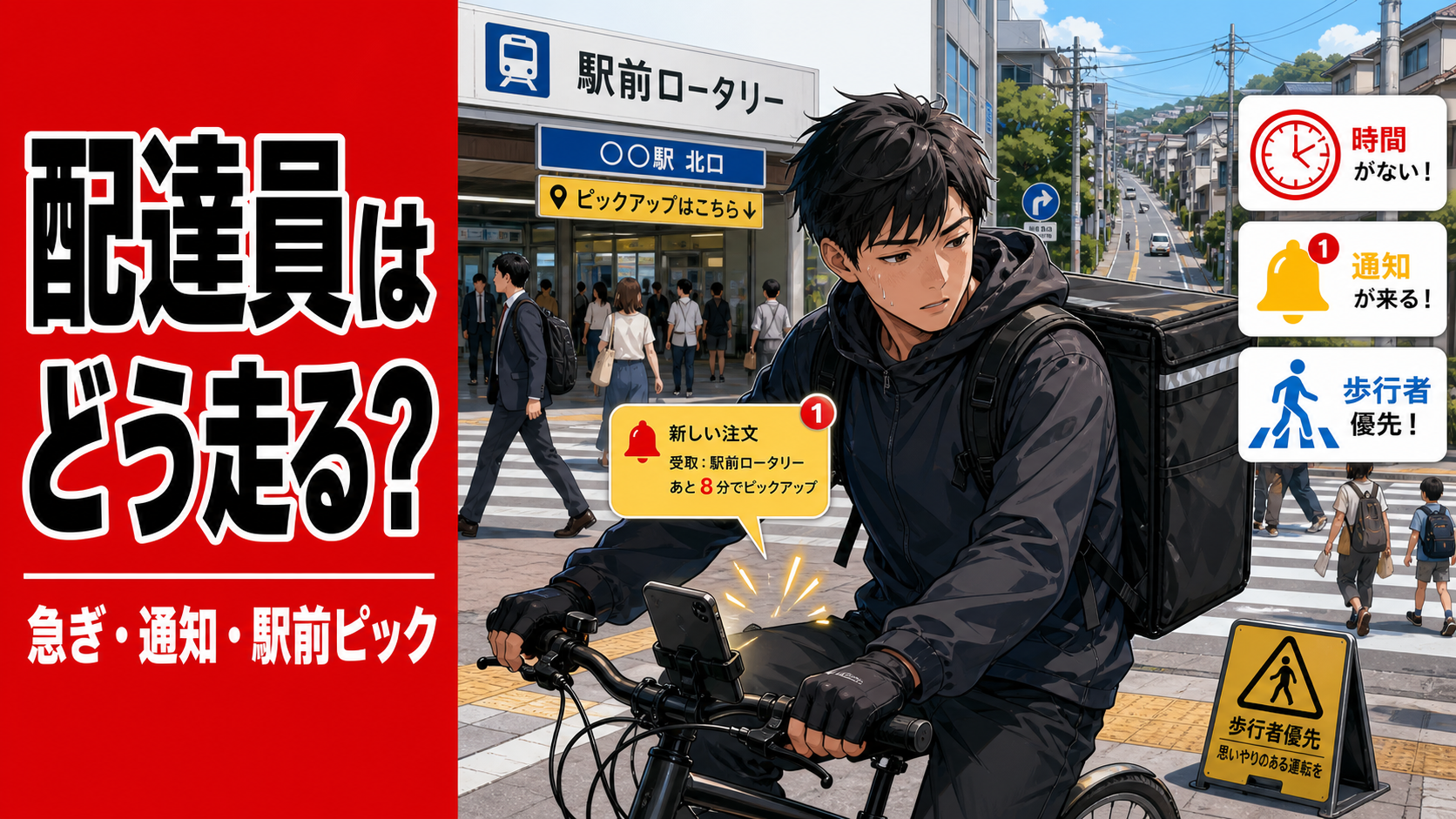 駅前の人混みの中で、スマホ通知に気を取られかける自転車配達員と、「急ぎ・通知・駅前ピック」のリスクを表現したサムネイル