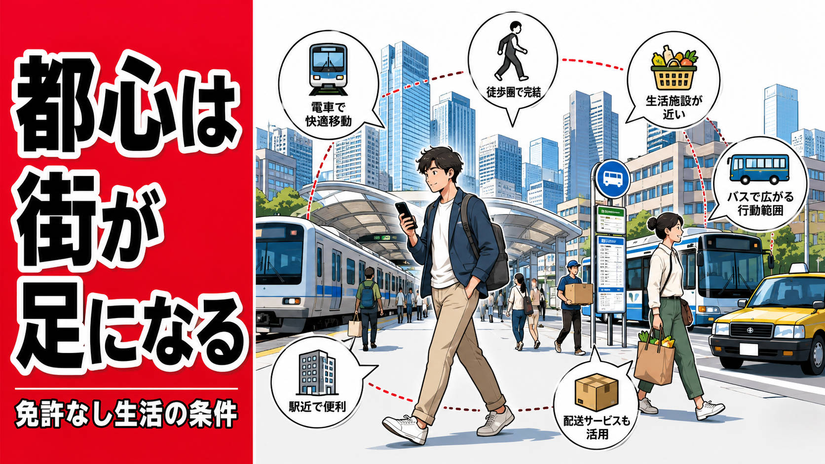 都心では駅、電車、バス、徒歩圏の店、タクシー、配送サービスが生活の移動力を支えていることを表したブログ用アイキャッチ画像。