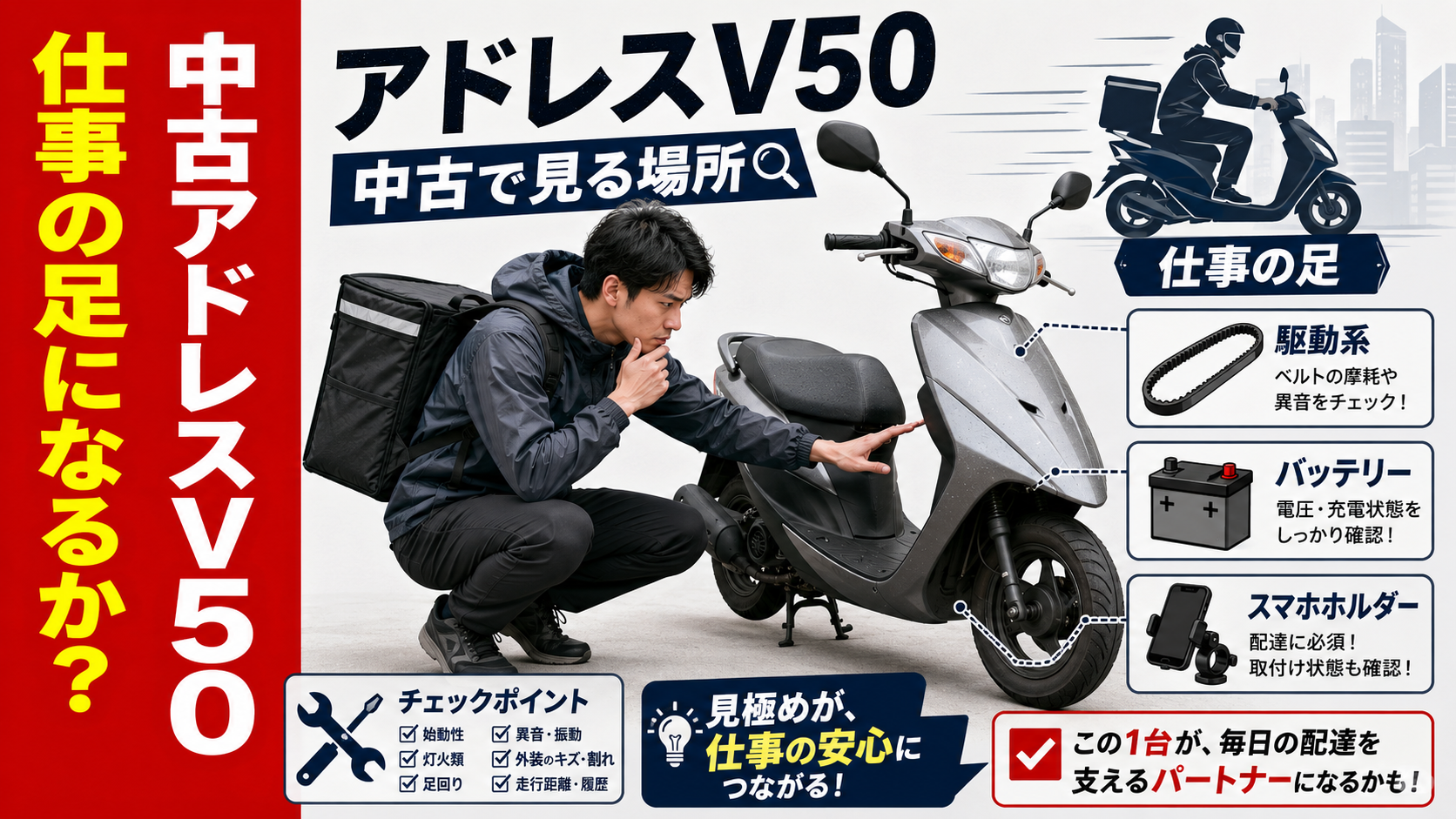 アドレスV50を中古で買う前に、現役JOG SA36J乗りの配達員が駆動系・バッテリー・プラグ・タイヤ・ブレーキなど仕事道具として見るべきポイントを確認しているイメージ画像。