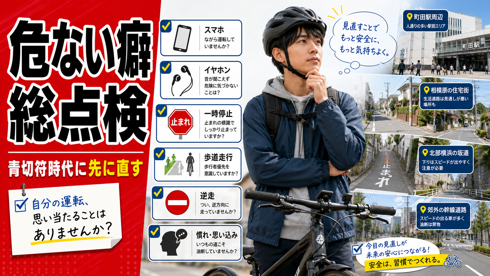 青切符時代に直すべきスマホ、一時停止、歩道、逆走などの危ない癖を総点検するサムネイル