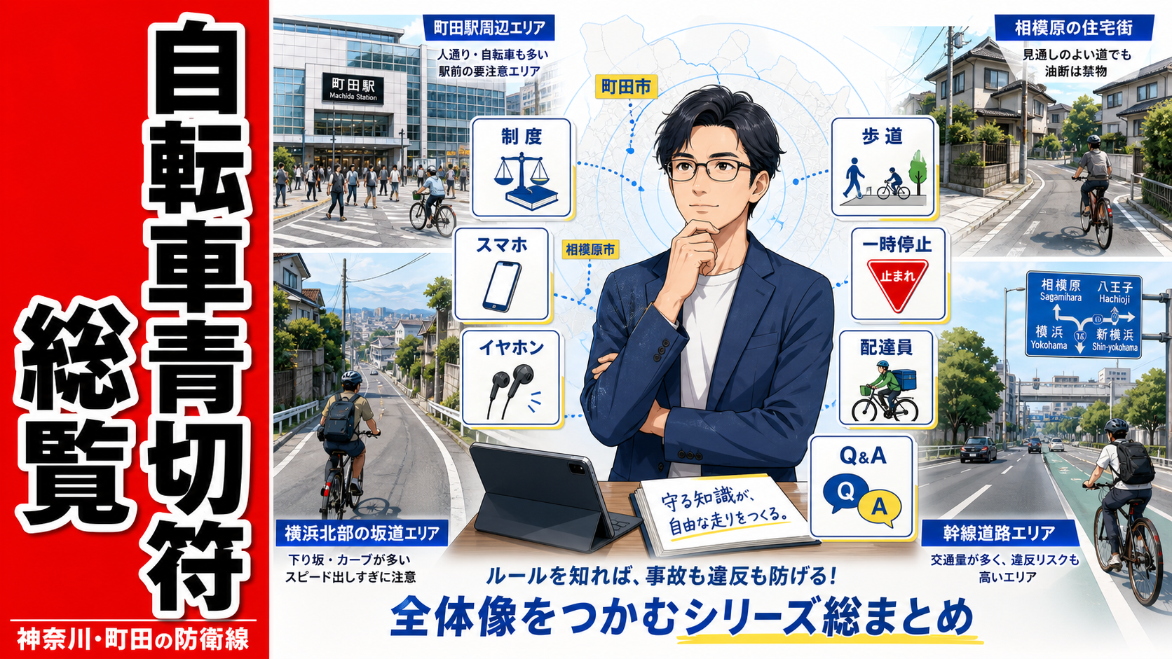 神奈川・町田の生活圏で自転車青切符対策を総覧化し、制度やスマホ、一時停止、配達員実務まで全体を整理したサムネイル