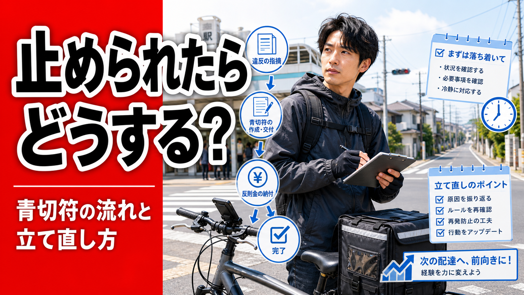 警察に止められた後、自転車配達員が落ち着いて状況を整理し、青切符の流れと立て直し方を考えているサムネイル