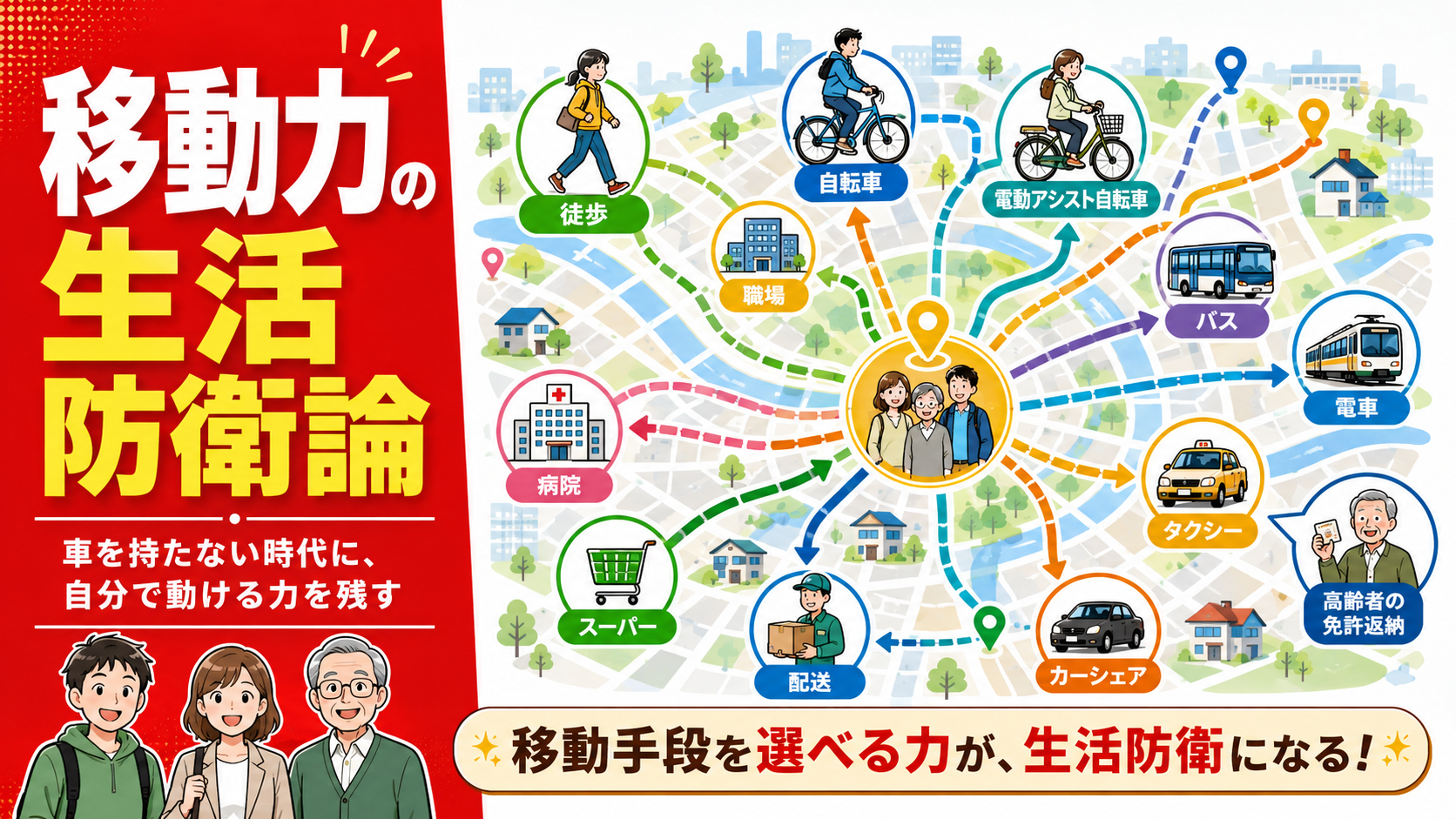 徒歩、自転車、電動アシスト、公共交通、カーシェア、タクシー、配送、通院、仕事、老後の免許返納などを整理し、移動力を生活防衛として考えるシリーズ総覧ページのアイキャッチ画像。