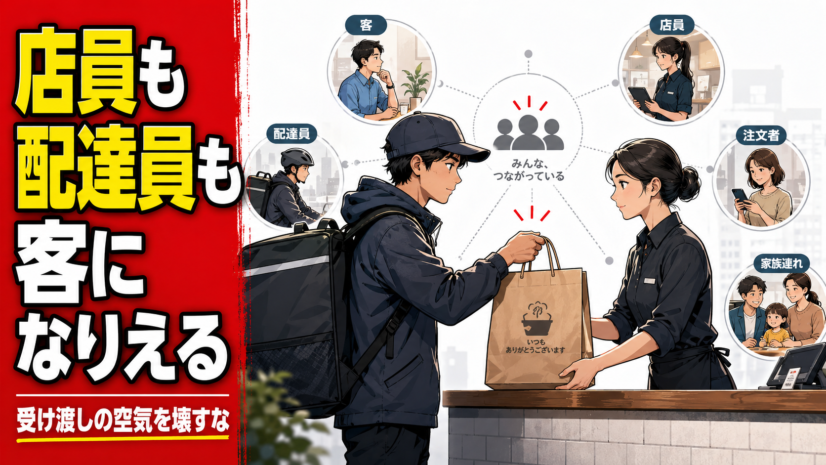 飲食店のカウンターで配達員と店員が商品を受け渡ししている様子。どちらも客になりえる生活者同士であることを表したブログ用アイキャッチ画像