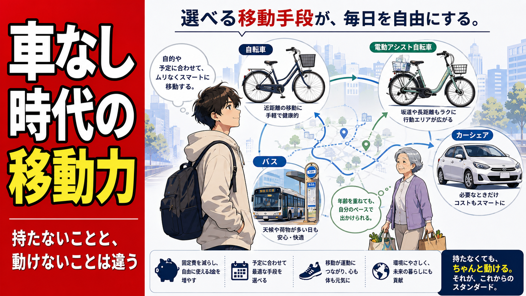 車を持たない時代に、免許・自転車・カーシェア・公共交通など複数の移動手段を選べる力の重要性を表したブログ用アイキャッチ画像。