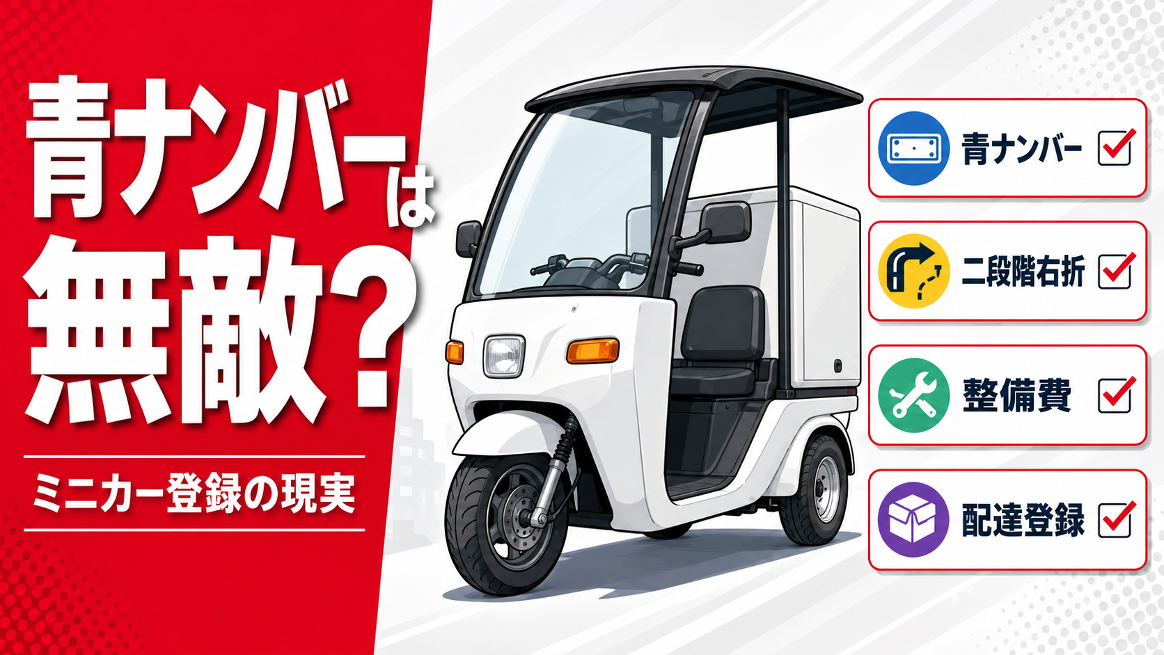 ミニカー登録された屋根付き三輪配達車両と、青ナンバー、二段階右折、整備費、配達登録の注意点を整理する記事のアイキャッチ画像