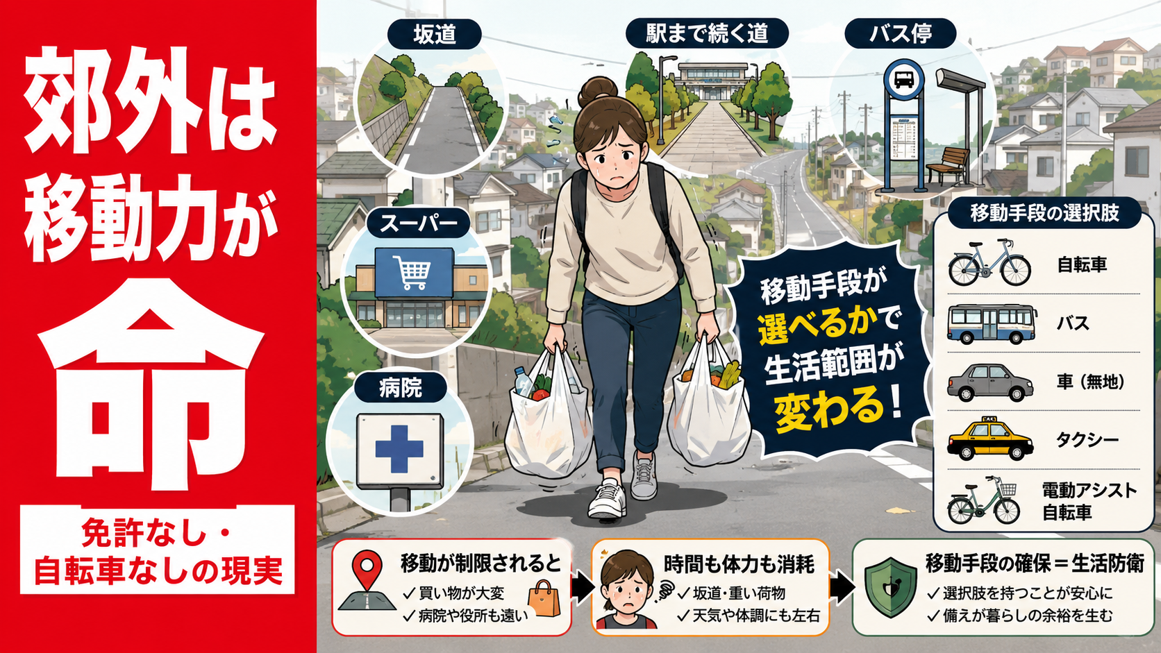 郊外で免許なし・自転車なしだと何が不利になるのか